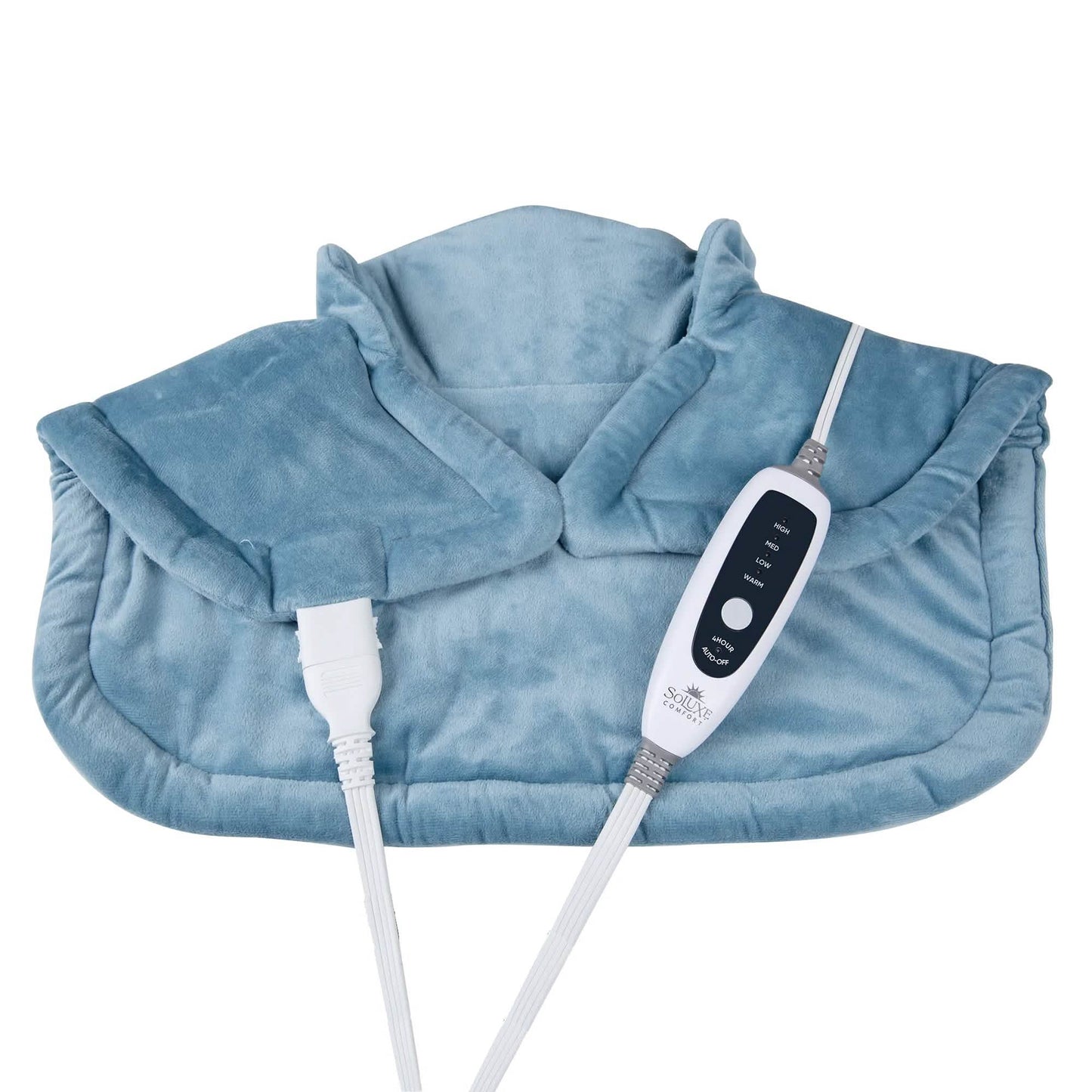 Blue weighted neck and shoulder heating pad with handheld controller