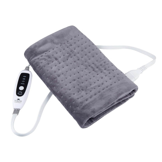 Dark gray king-size heating pad with dotted texture and attached controller