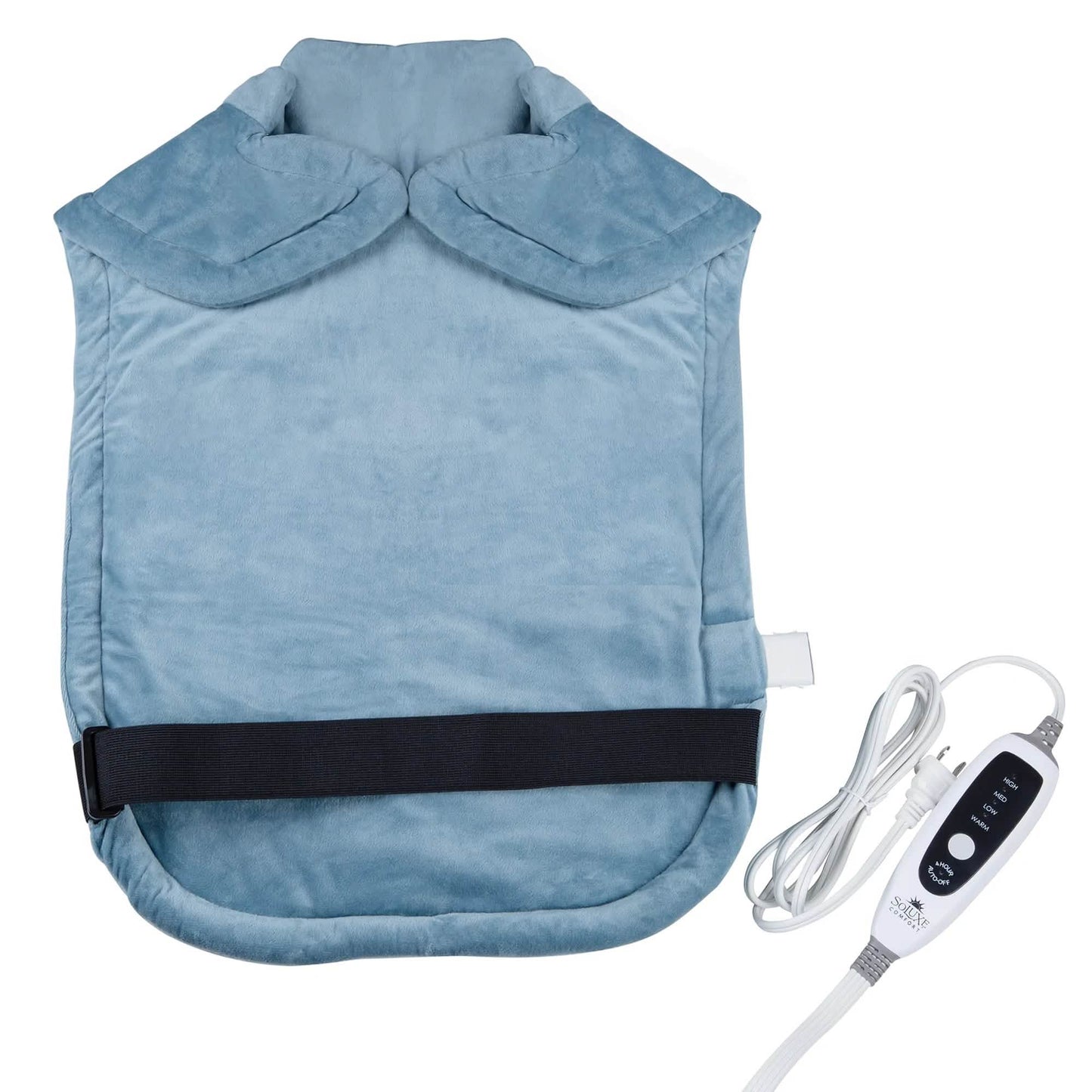 Blue weighted neck and back heating pad with controller and power cord