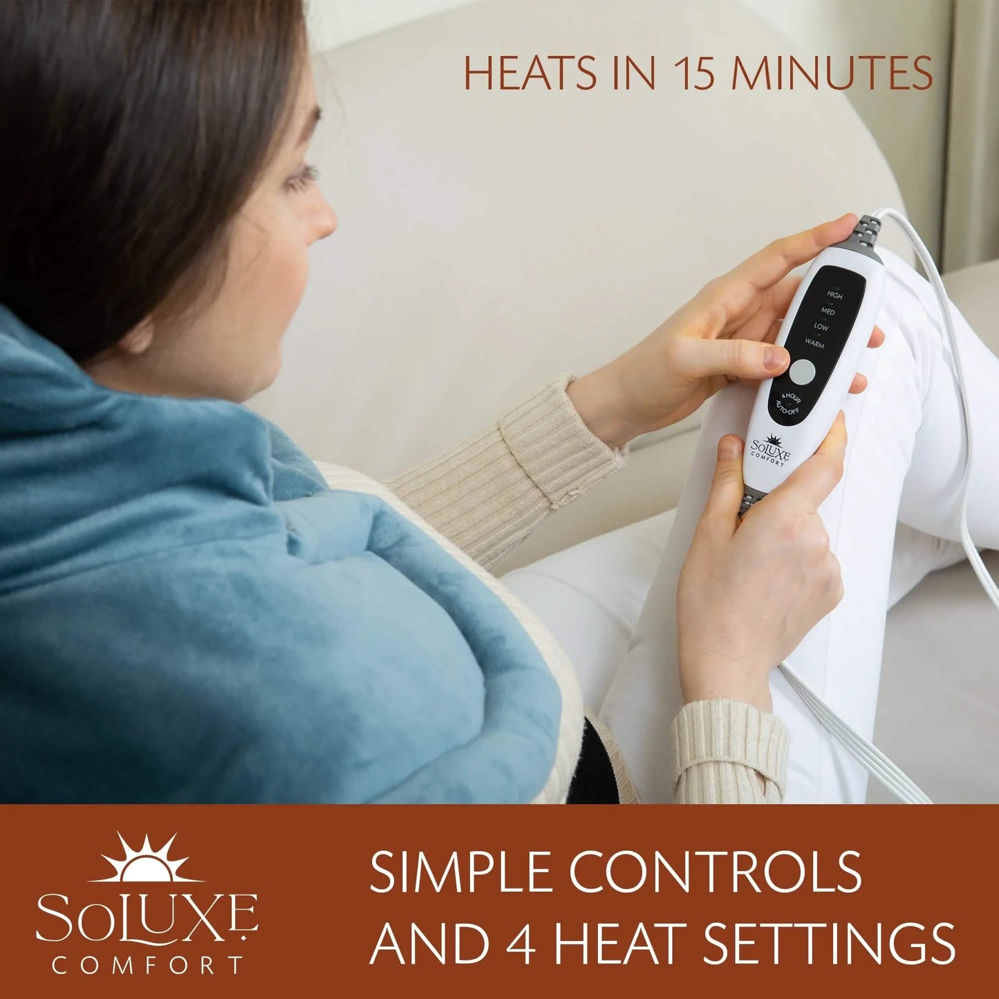 Blue heating pad and handheld controller on corded power setting