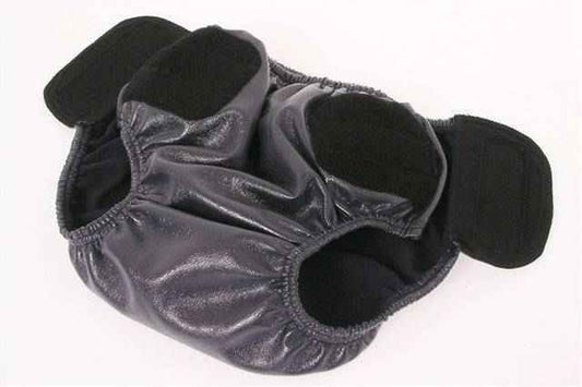 Adult swim incontinence diaper, dark fabric with molded front pad and elastic leg cuffs