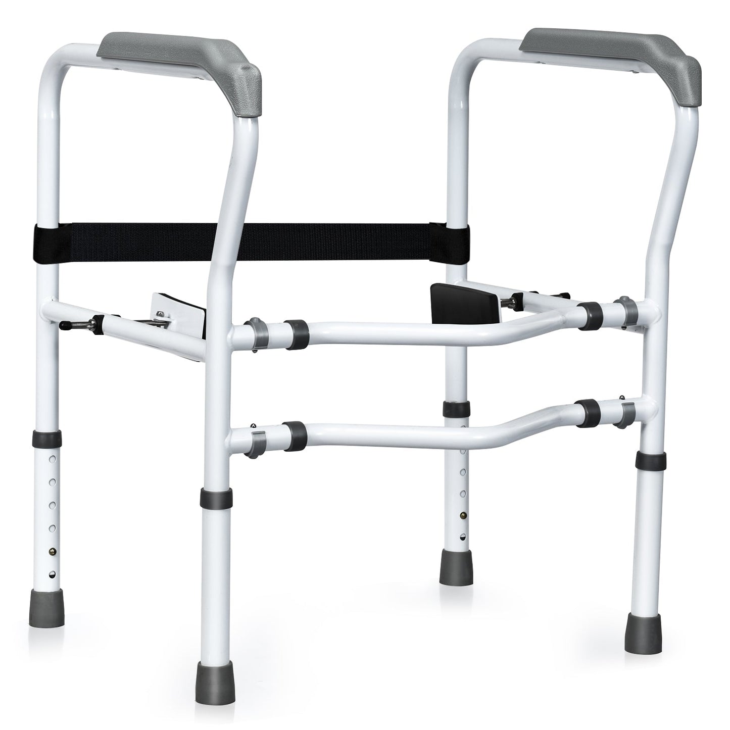 Pair of toilet grab rails with padded armrests and adjustable side bars, white frame