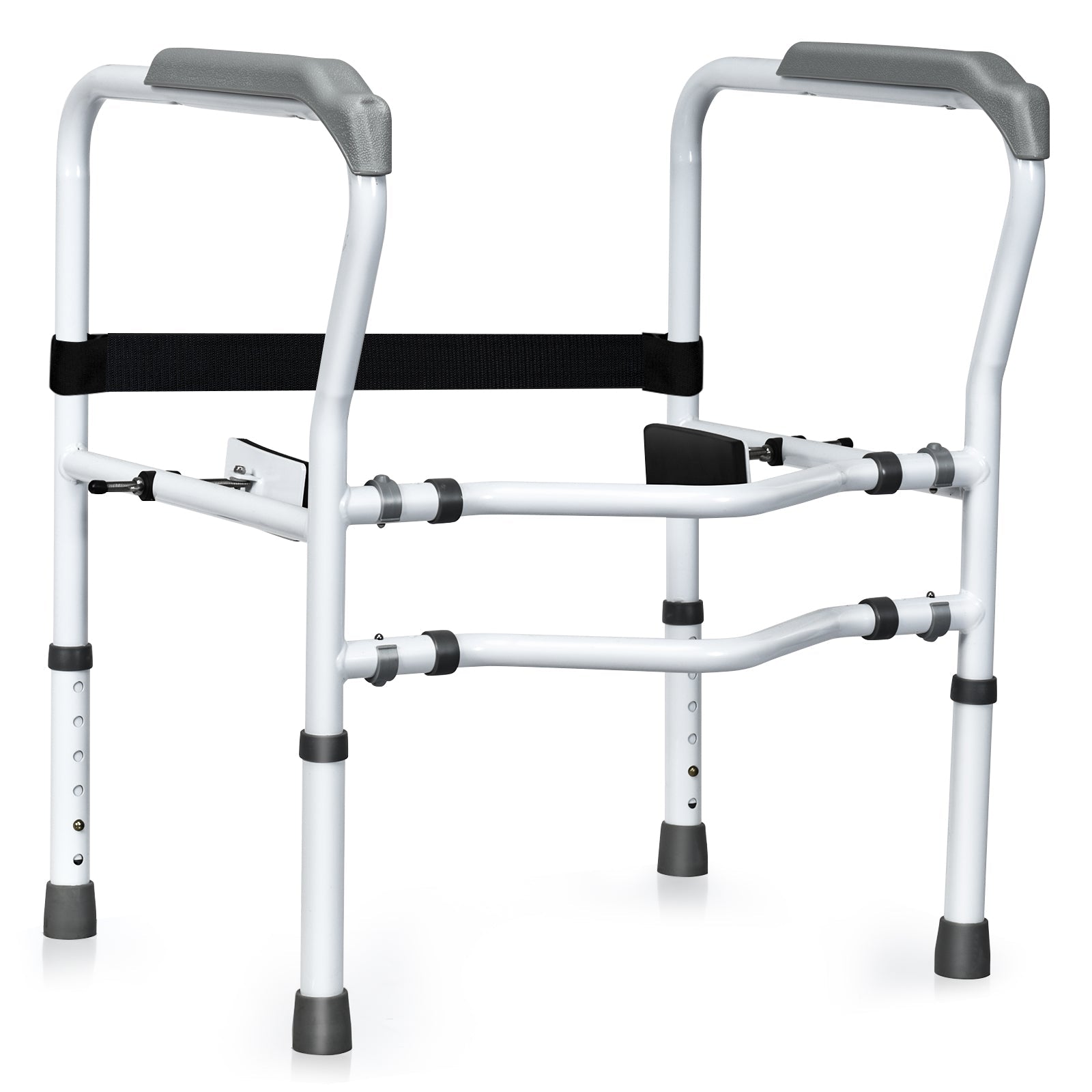 Pair of toilet grab rails with padded armrests and adjustable side bars, white frame