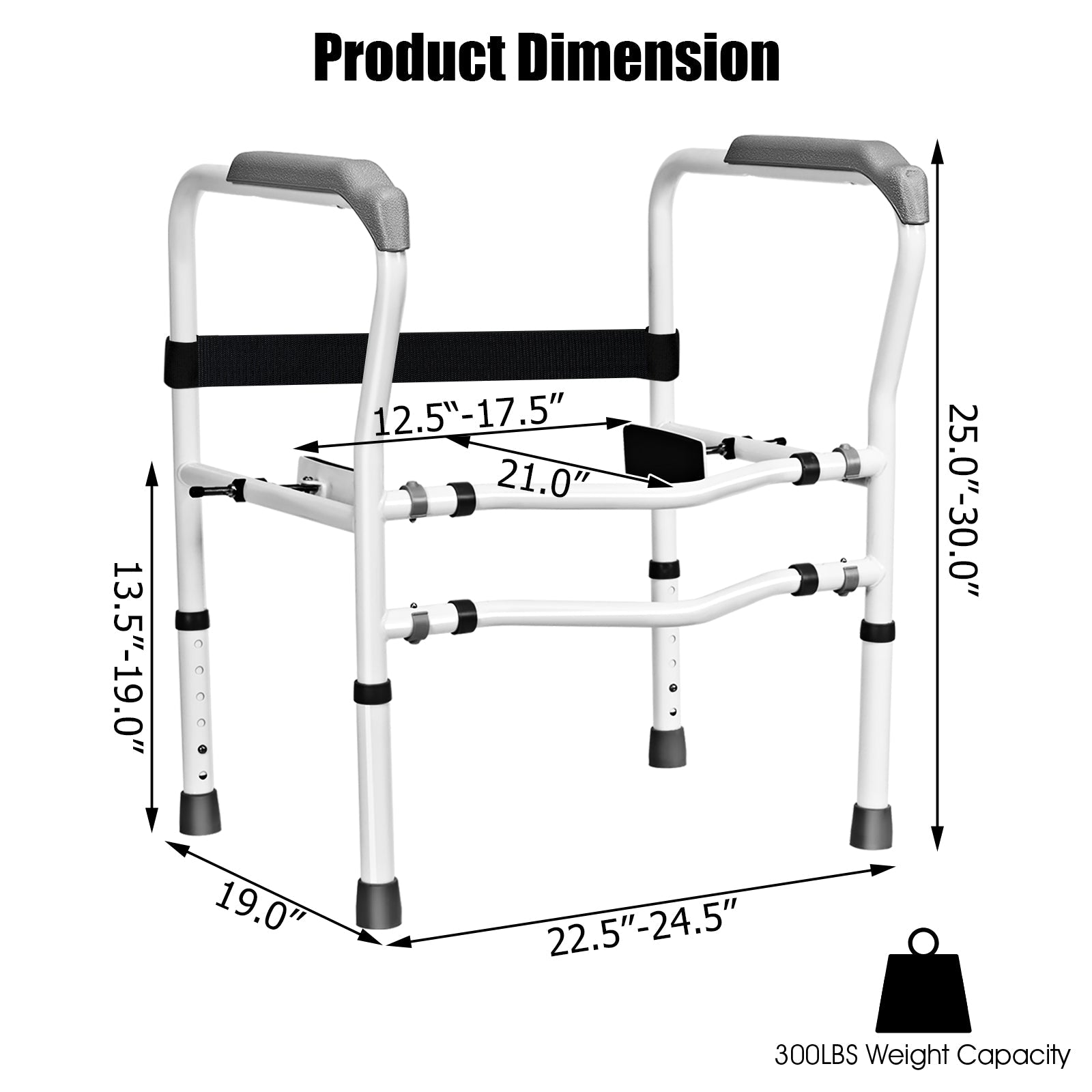 Adjustable toilet safety rail with measurement layout, padded armrests, and support bars