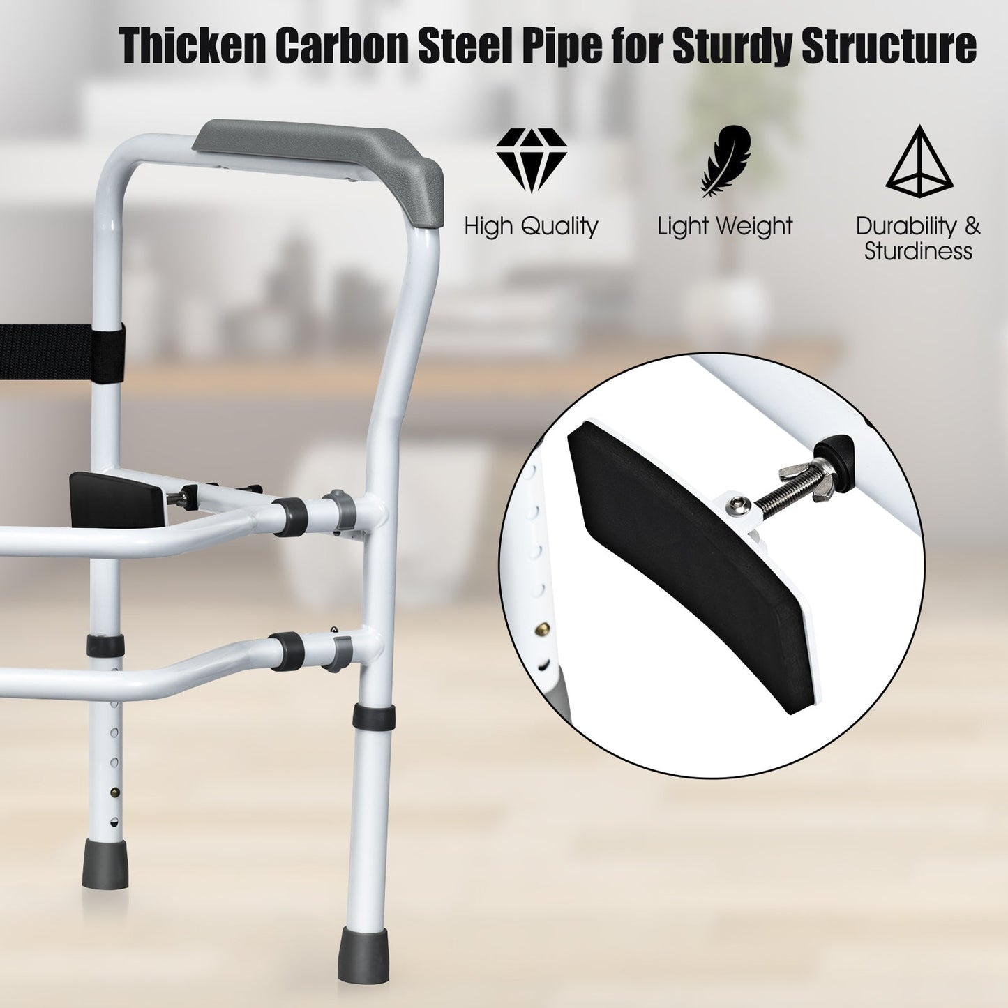 Toilet safety rail with thick steel frame, black support pad, and gray arm covers