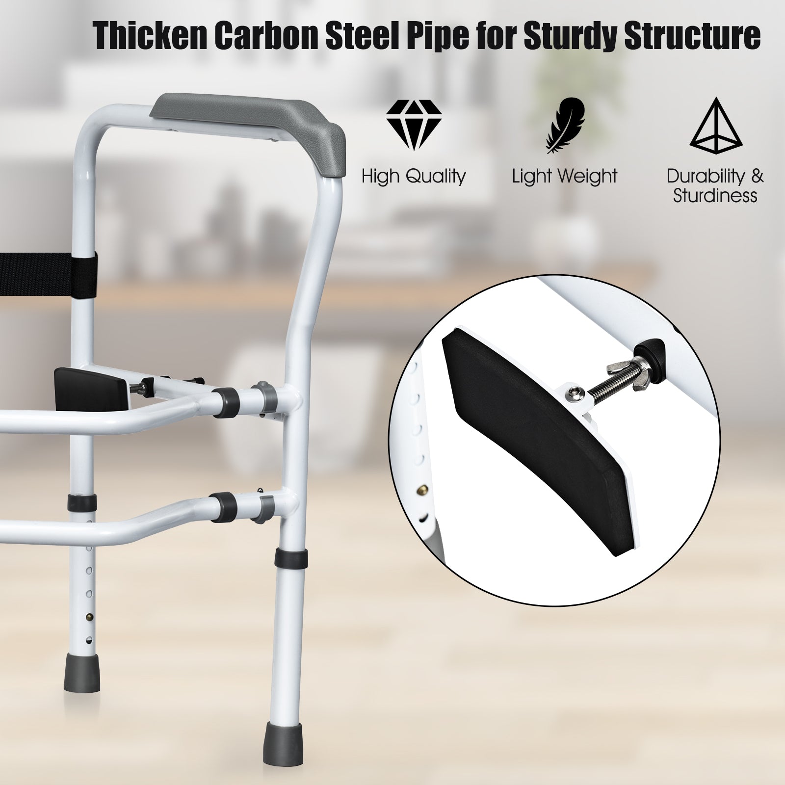 Toilet safety rail with thick steel frame, black support pad, and gray arm covers