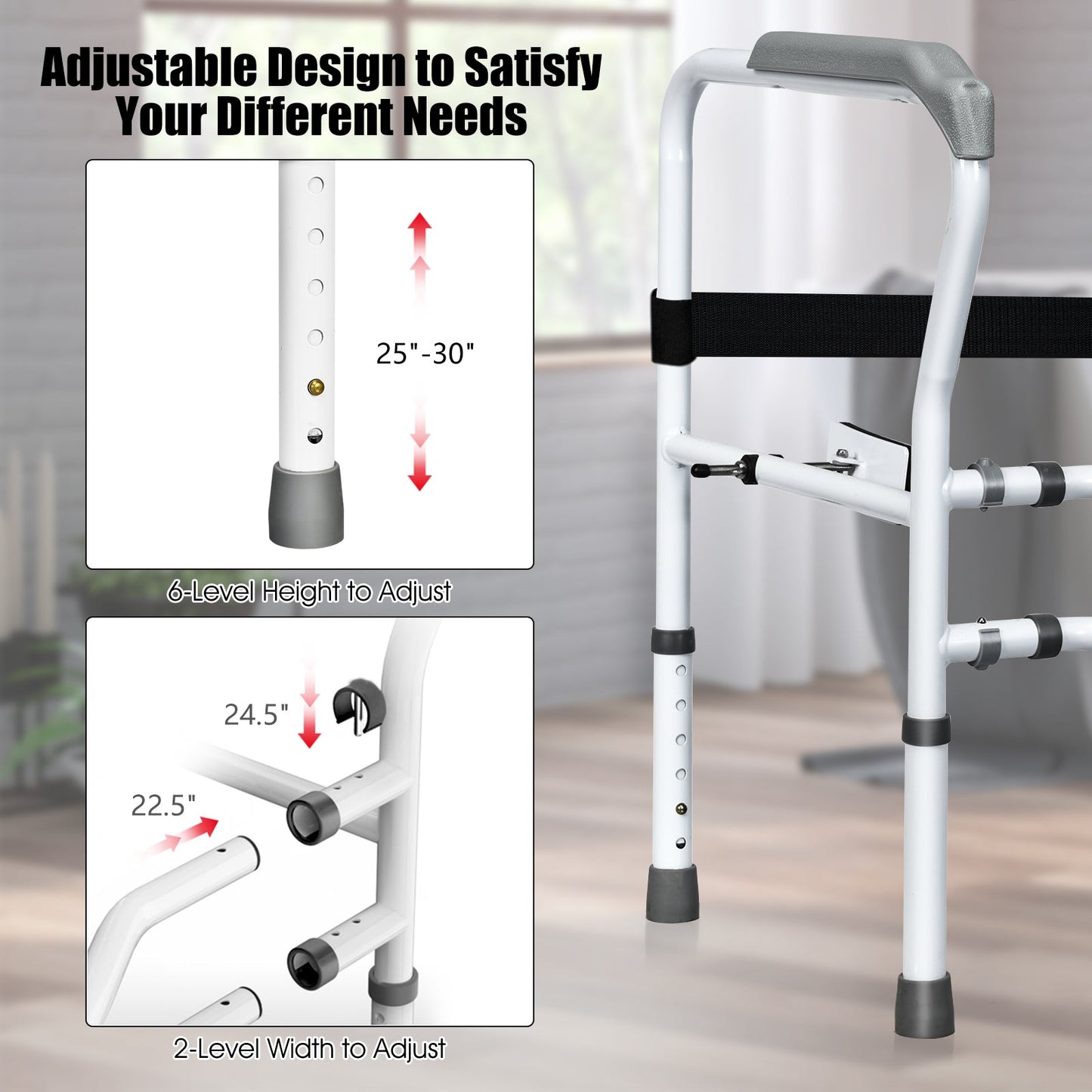 Adjustable toilet safety rail with height posts and black strap stabilizer
