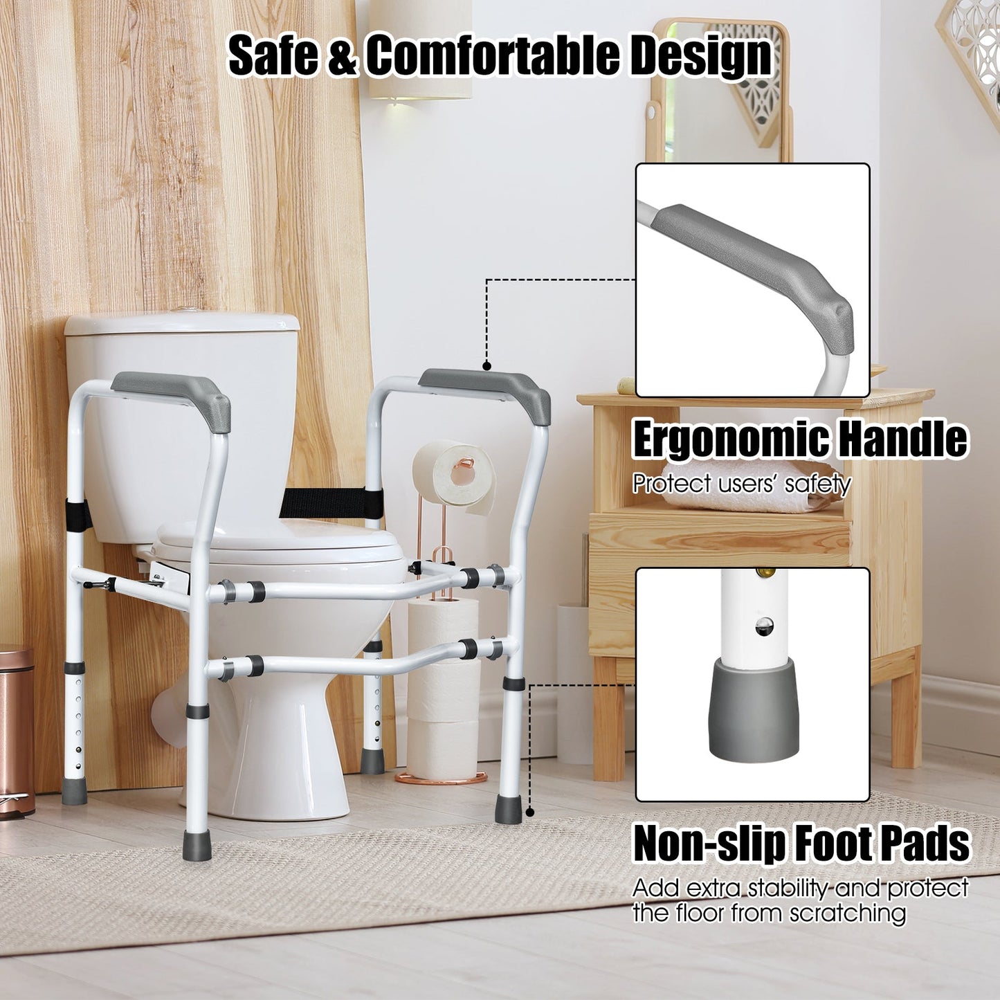 Toilet safety rail with ergonomic handle bars and black strap for added support