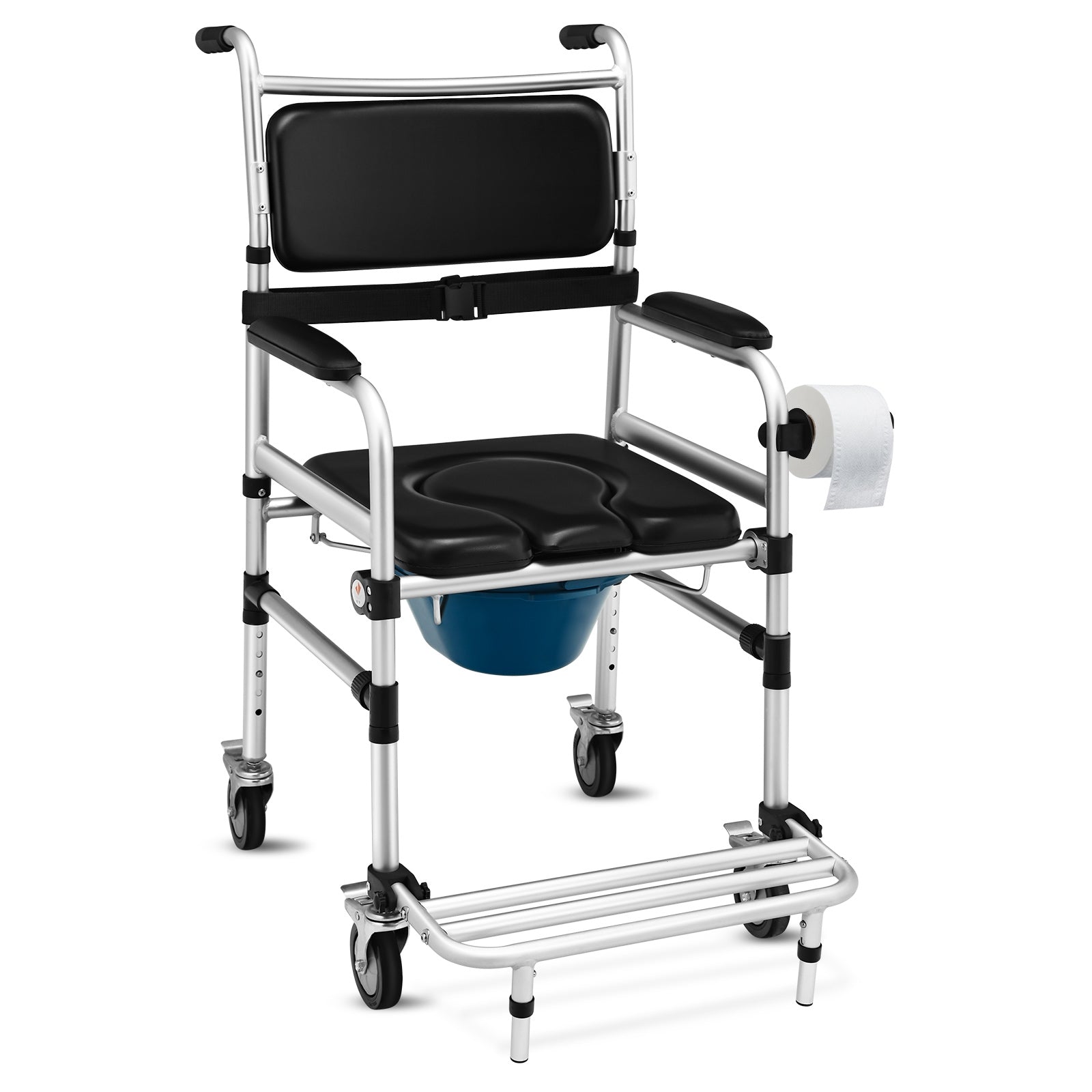 2-in-1 commode wheelchair with black padded seat, armrests, and blue bucket below