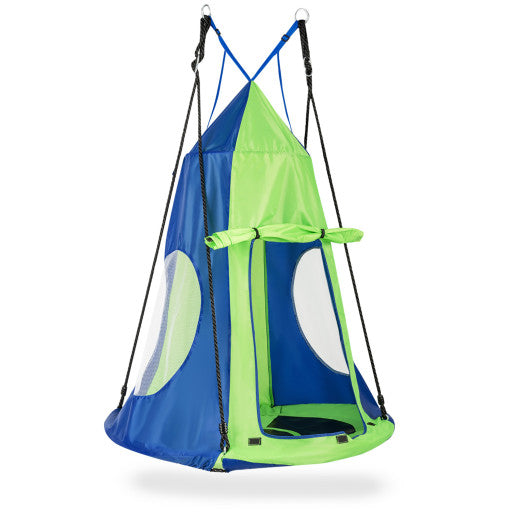 Kids hanging swing tent with chair, blue and green fabric, detachable doorway