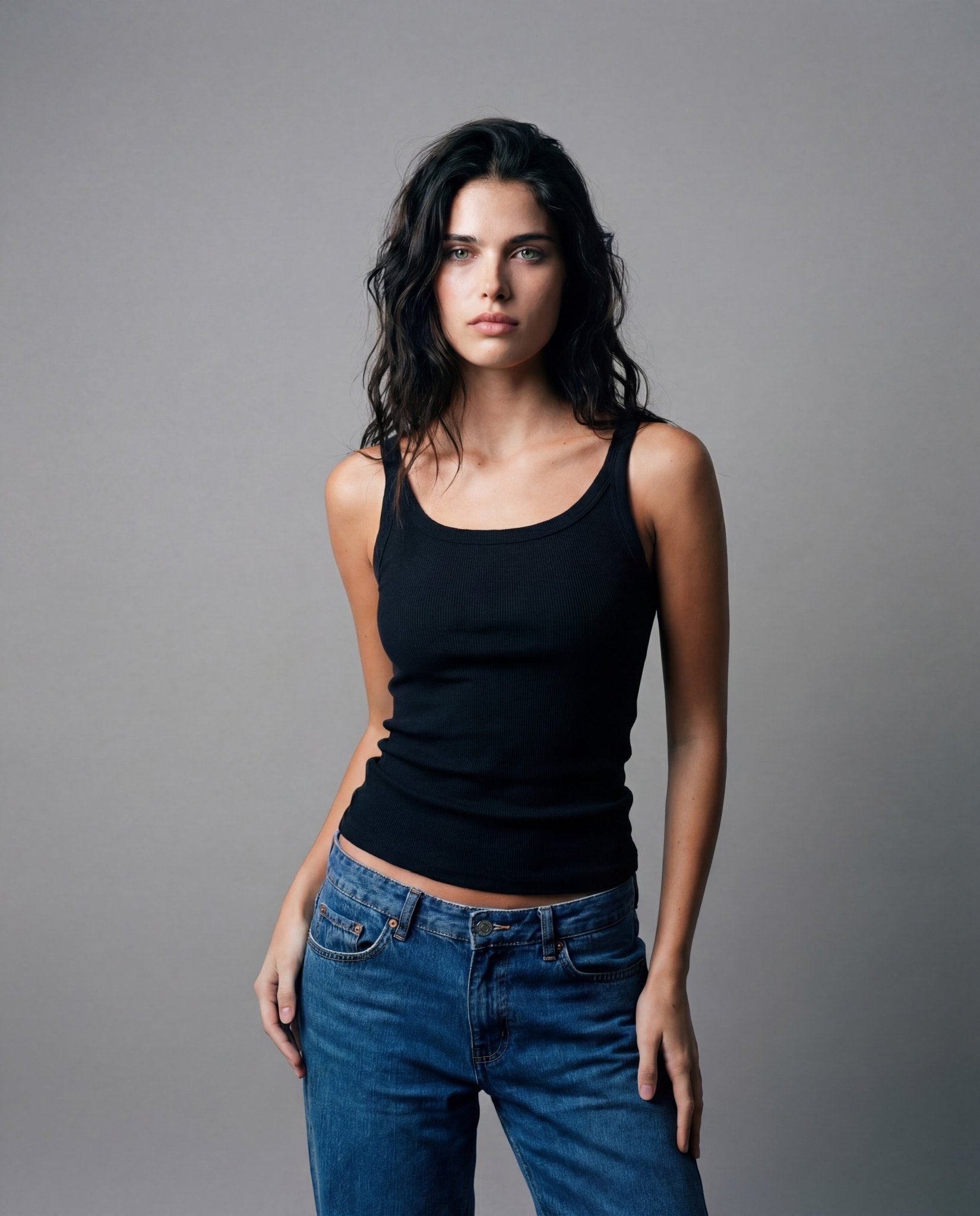 Black spaghetti tank top with thin straps and scoop neckline, fitted ribbed knit