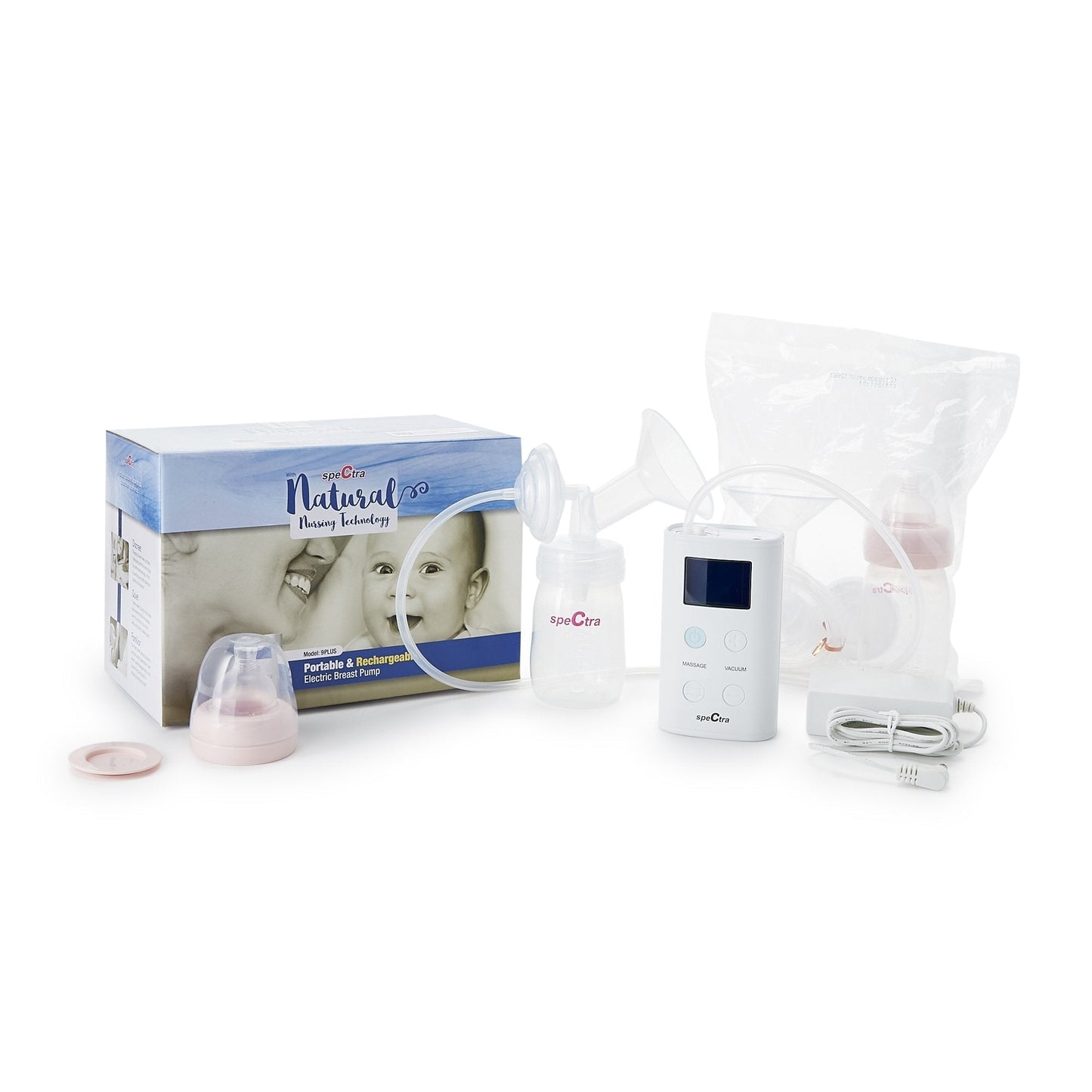 White portable rechargeable breast pump by Spectra with digital display, clear tubing, and pink bottle components, shown with packaging and accessories.