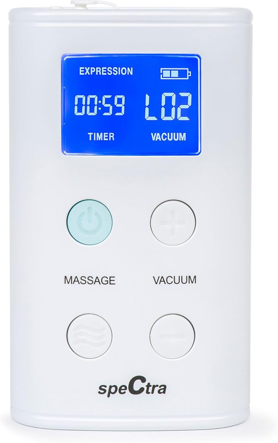White portable rechargeable breast pump with blue digital display showing timer and vacuum levels, by Spectra, featuring massage and vacuum control buttons.