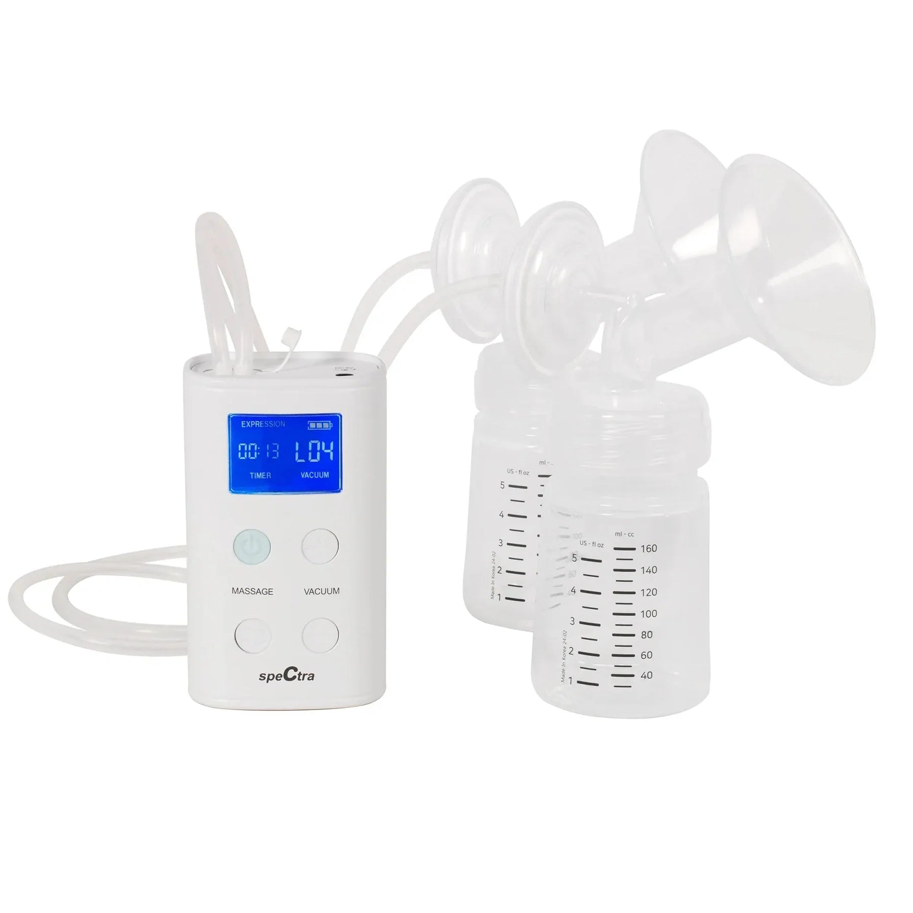 White portable rechargeable breast pump by Spectra with digital display, dual transparent flanges, and measurement-marked collection bottles, front view.
