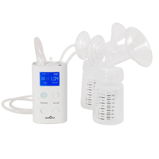 White portable rechargeable breast pump by Spectra with digital display, dual transparent flanges, and measurement-marked collection bottles, front view.