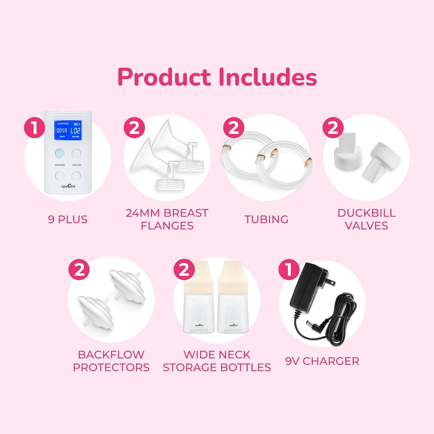 White portable rechargeable breast pump with digital display by Spectra, including flanges, tubing, valves, bottles, and charger, shown in product layout view