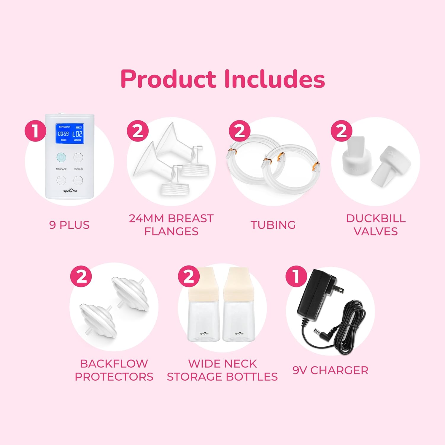 White portable rechargeable breast pump with digital display by Spectra, including flanges, tubing, valves, bottles, and charger, shown in product layout view