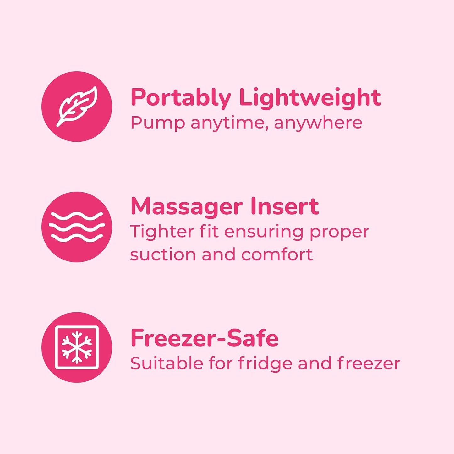 Manual breast pump feature icons: portable lightweight, massage insert, freezer-safe