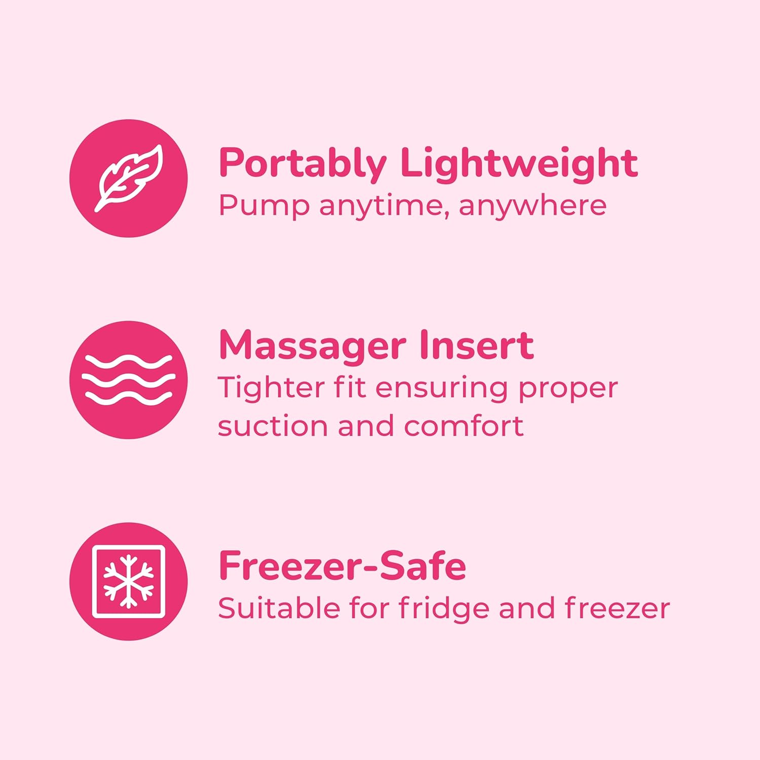 Manual breast pump feature icons: portable lightweight, massage insert, freezer-safe