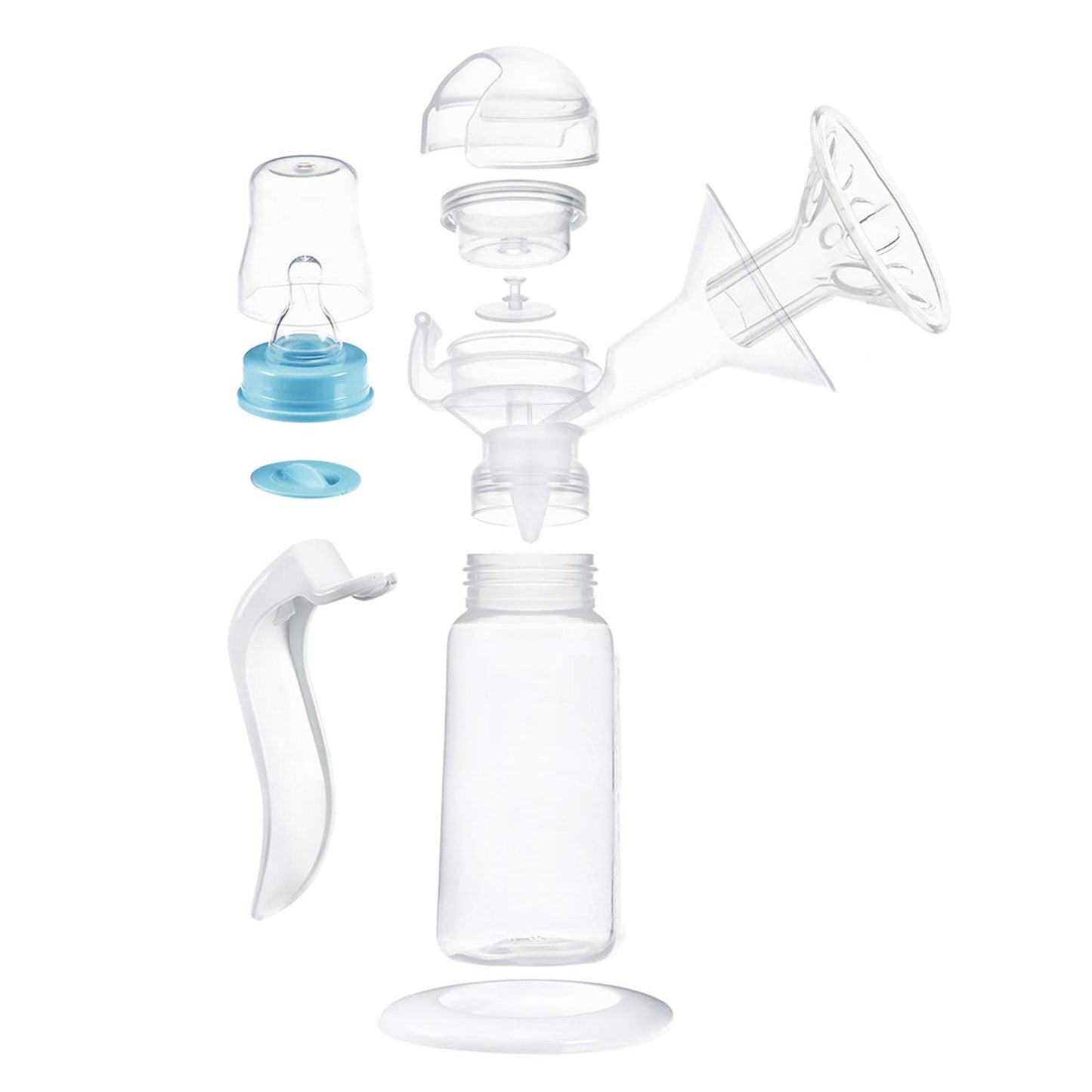 Manual breast pump kit parts laid out: bottle, flanges, handle, valves, silicone insert