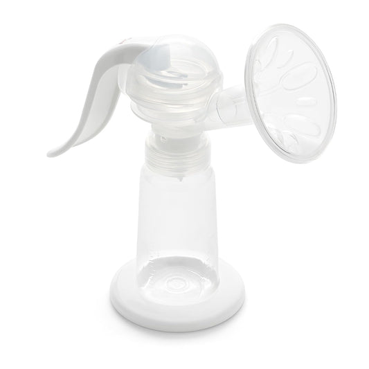 Manual breast pump with silicone flange, hand-pump handle, and bottle on base