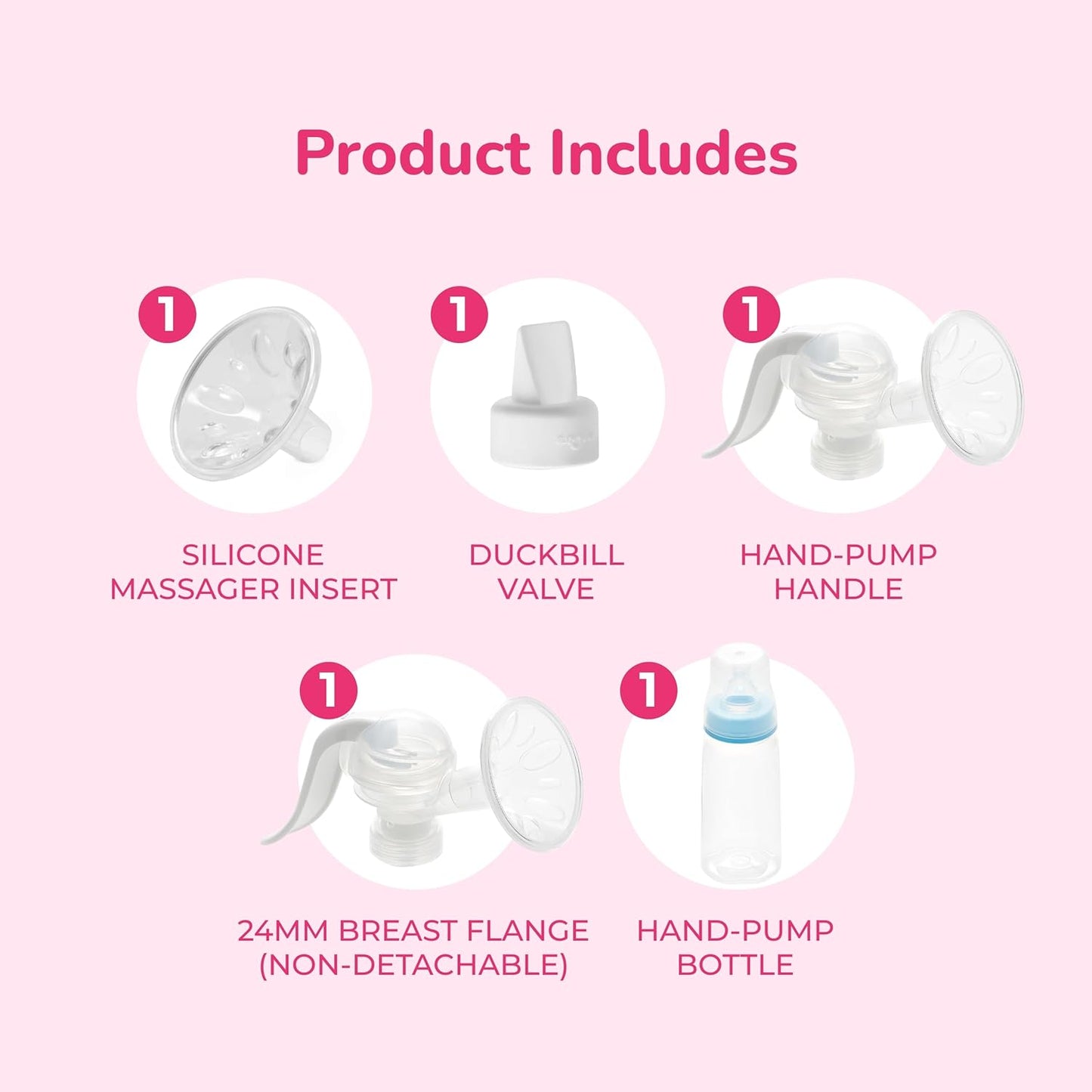 Included parts: silicone massager insert, duckbill valve, 24mm breast flange, hand-pump bottle