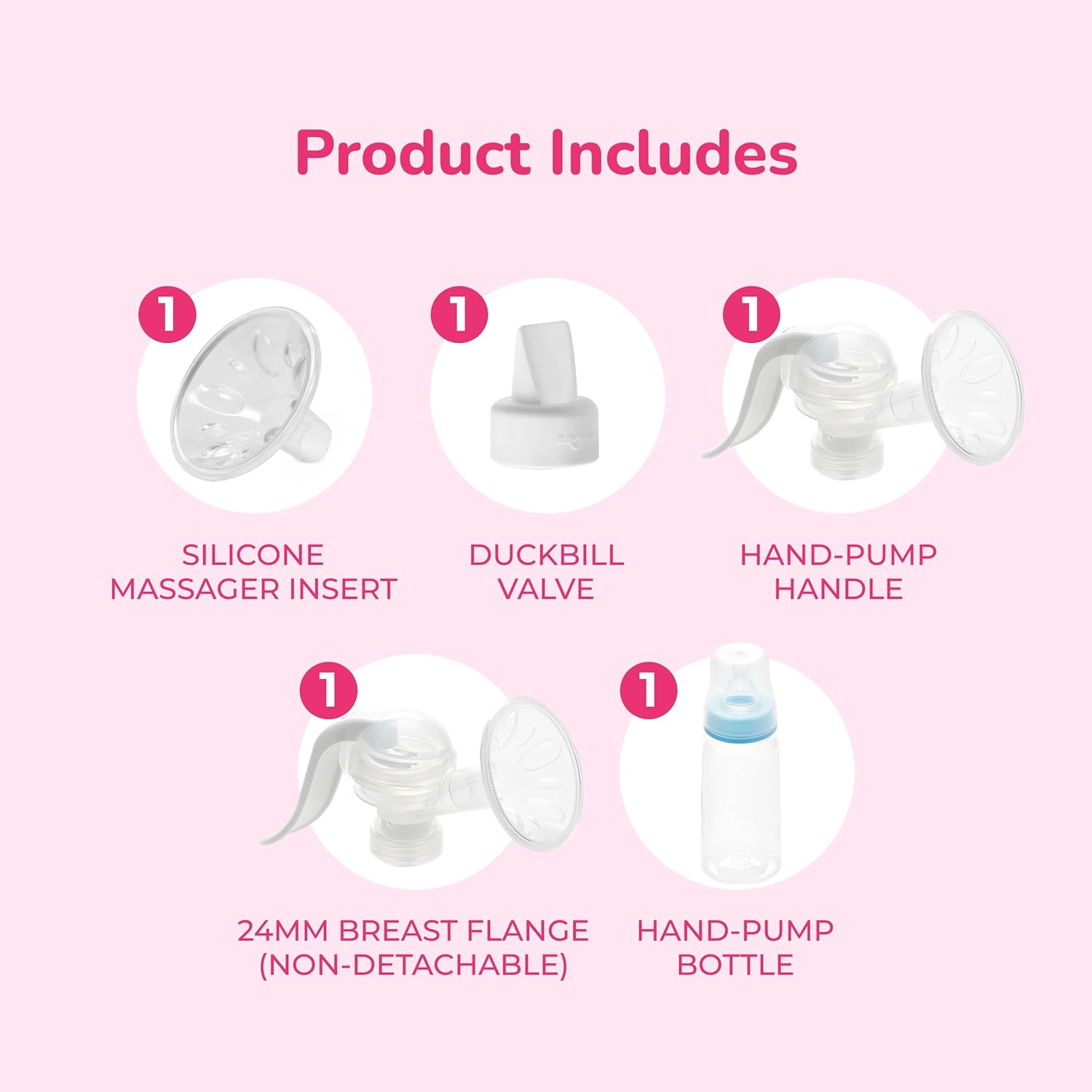 Included parts: silicone massager insert, duckbill valve, 24mm breast flange, hand-pump bottle