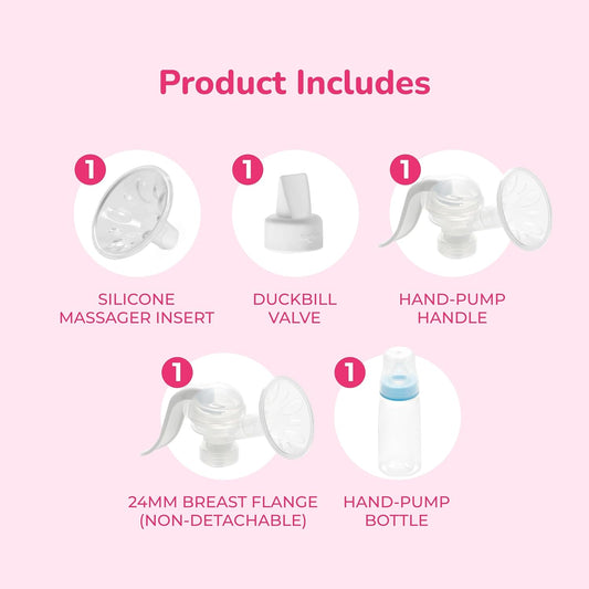 Included parts: silicone massager insert, duckbill valve, 24mm breast flange, hand-pump bottle