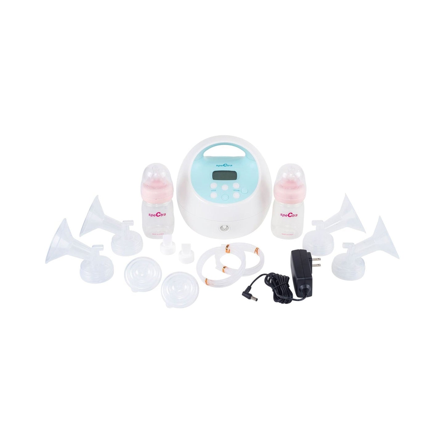Rechargeable double electric breast pump kit with flanges, bottles, tubing, and charger