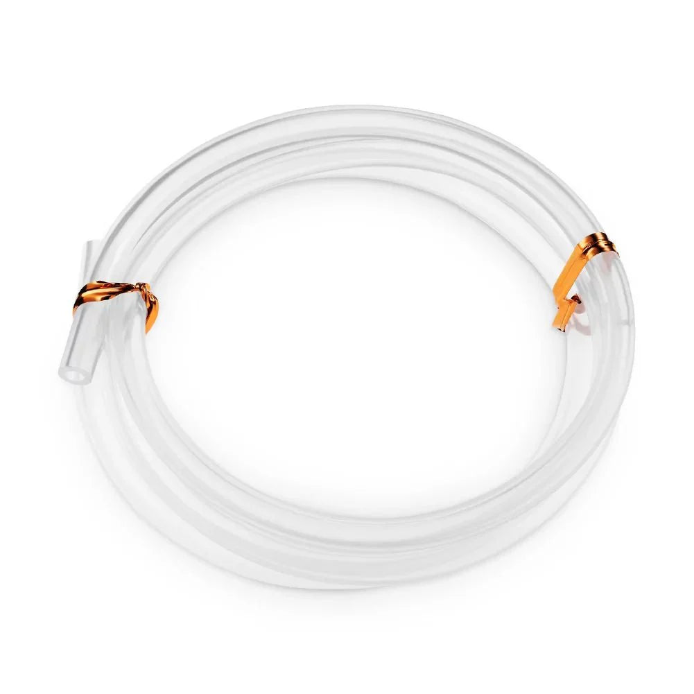 Wide-neck breast flange tubing set with clear tubing and orange-tab connectors