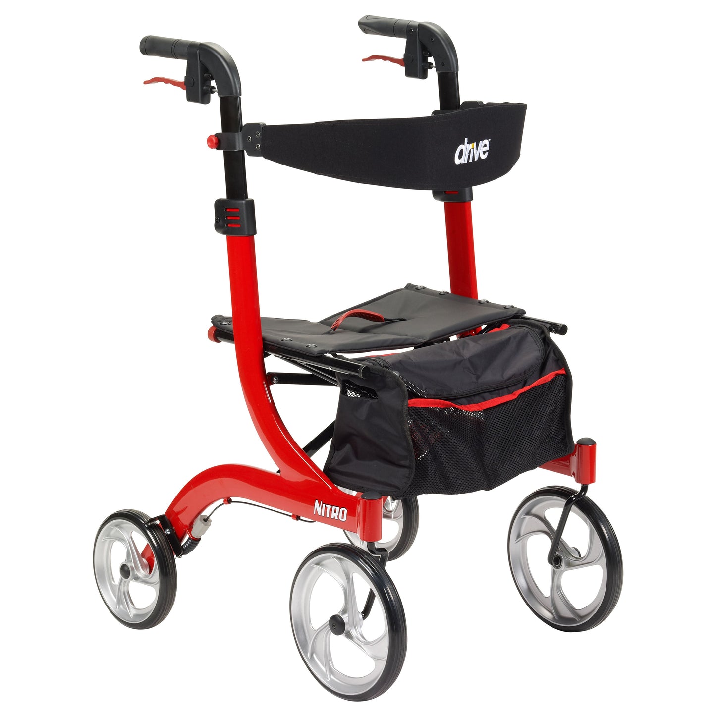 Red rollator walker with black seat, handlebar, and front storage pouch; four wheels