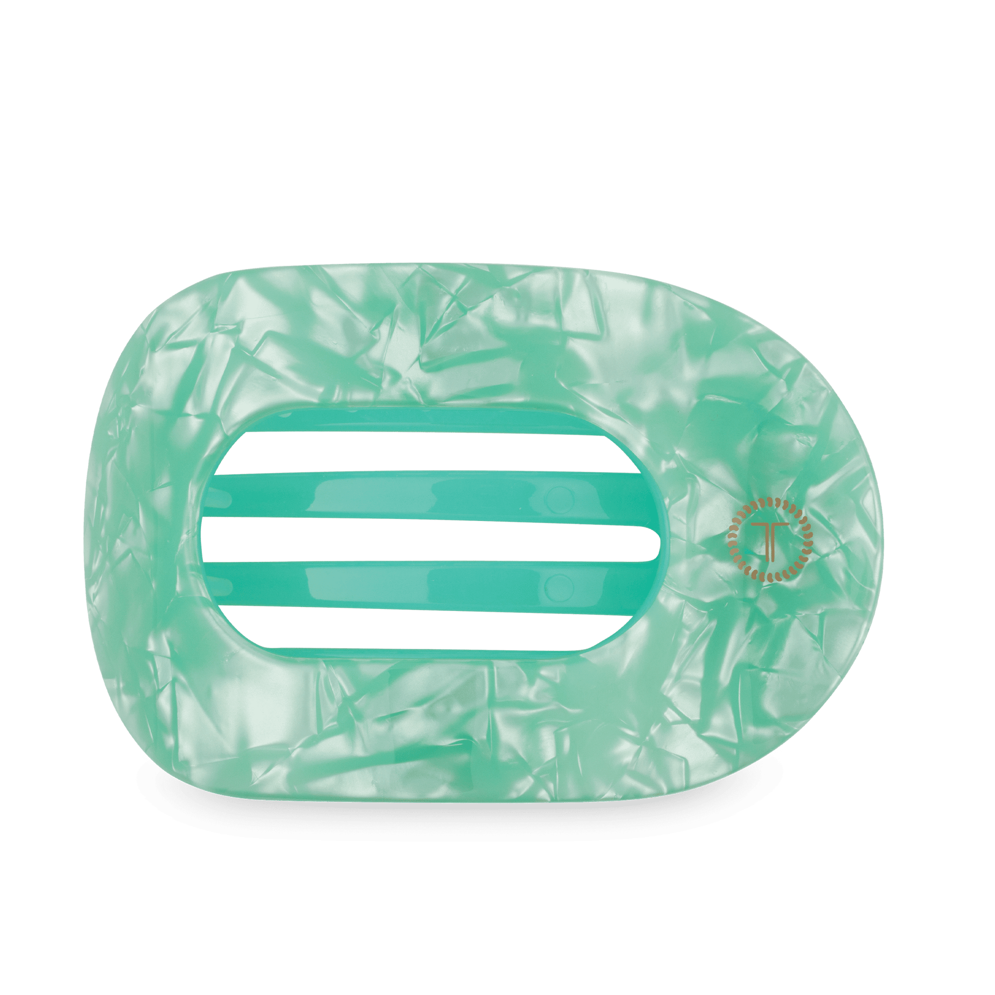 Mint green translucent flat round hair clip with ridged texture and center logo detail