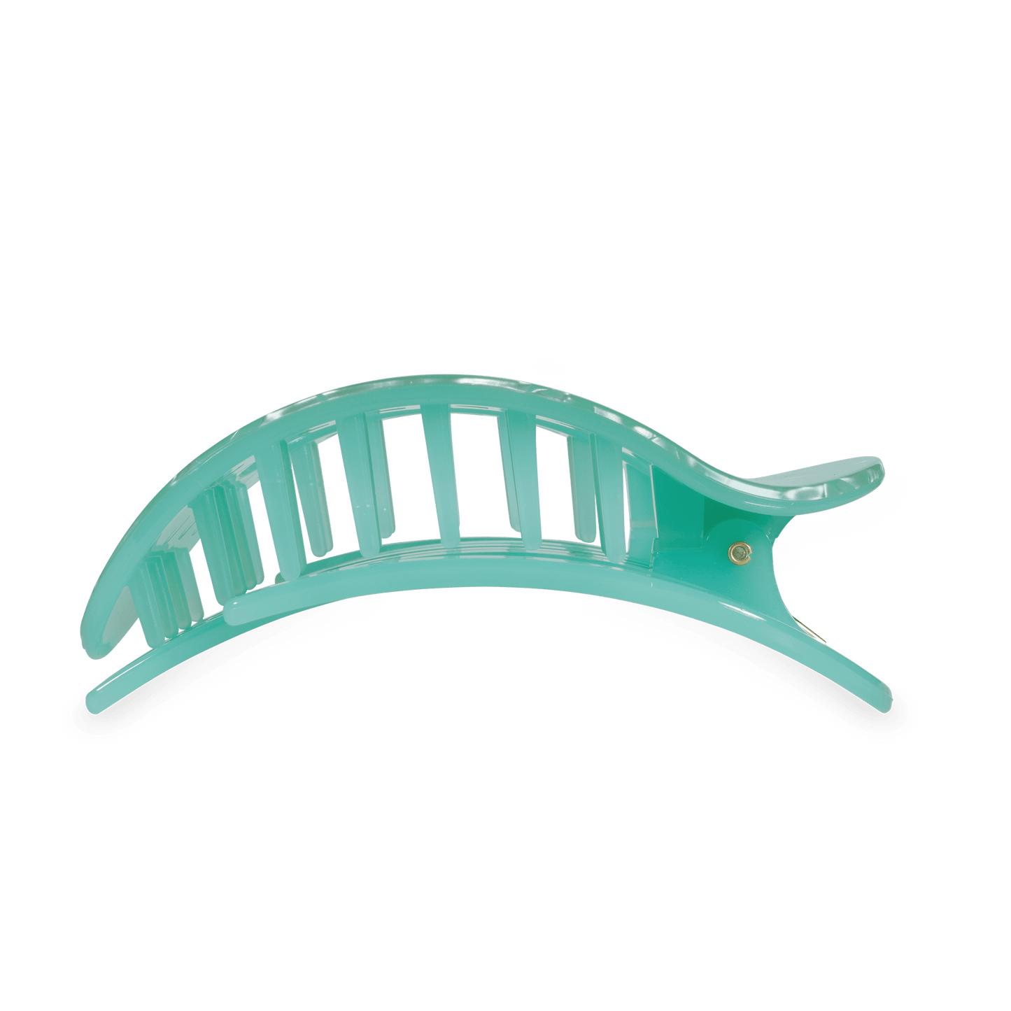 Light mint plastic claw hair clip with vertical ridges and small metal rivet