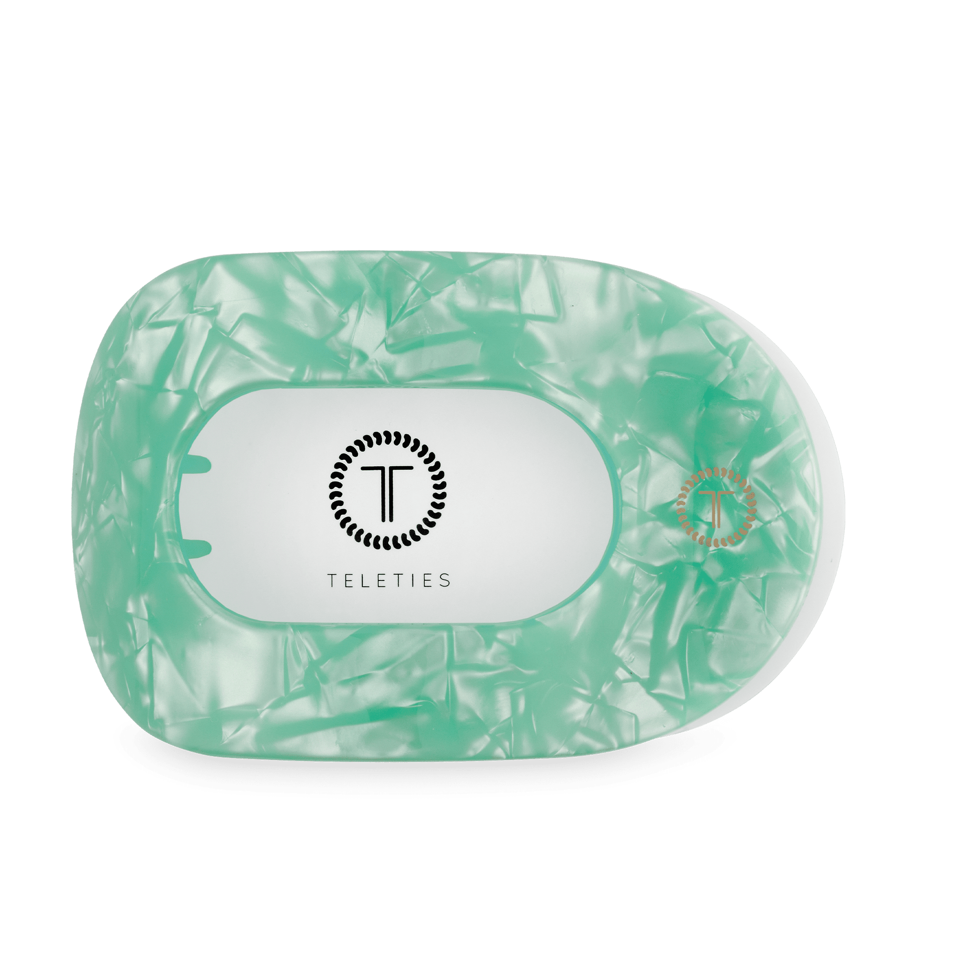 Mint green translucent flat round hair clip, front view with TELETIES logo