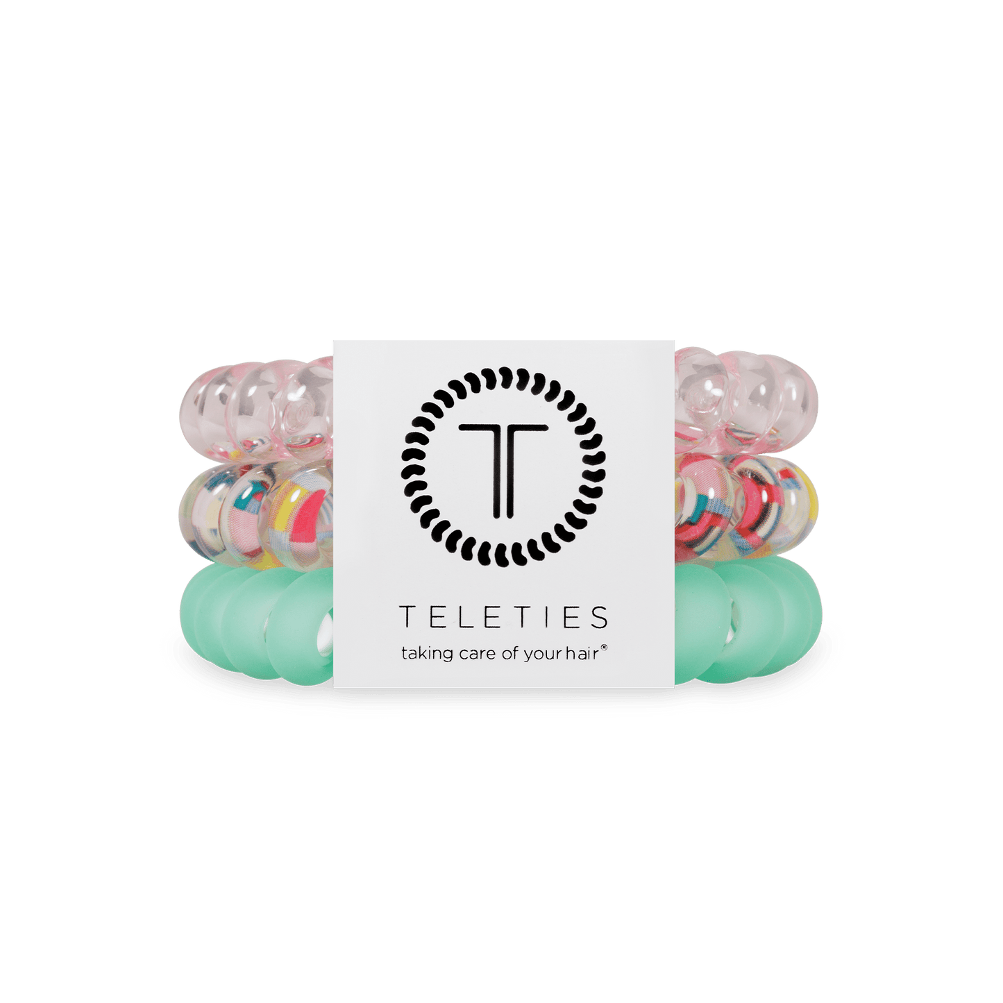 Spring Splash large hair ties set with mint, pink, and clear spiral bands