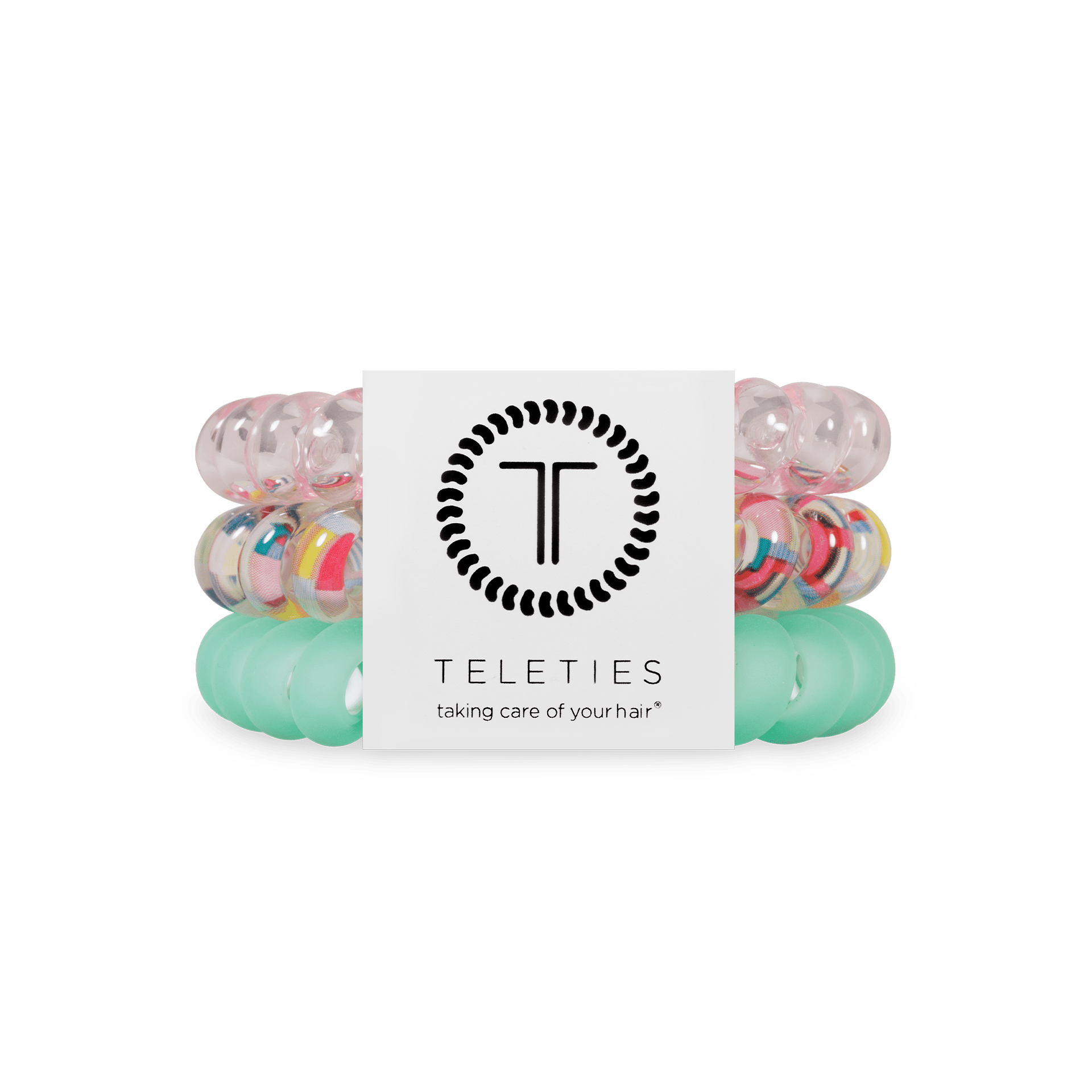Spring Splash large hair ties set with mint, pink, and clear spiral bands