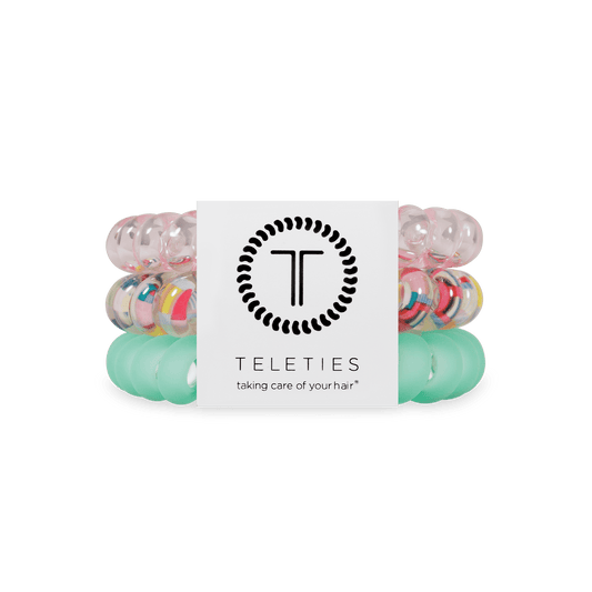 Spring Splash large hair ties set with mint, pink, and clear spiral bands
