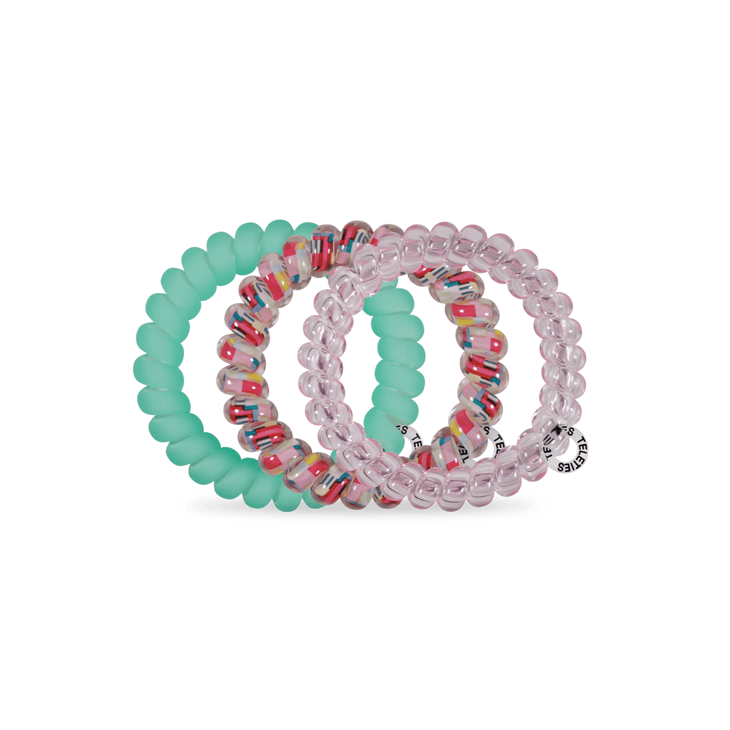 Set of mint and clear spiral hair ties with pink patterned bands