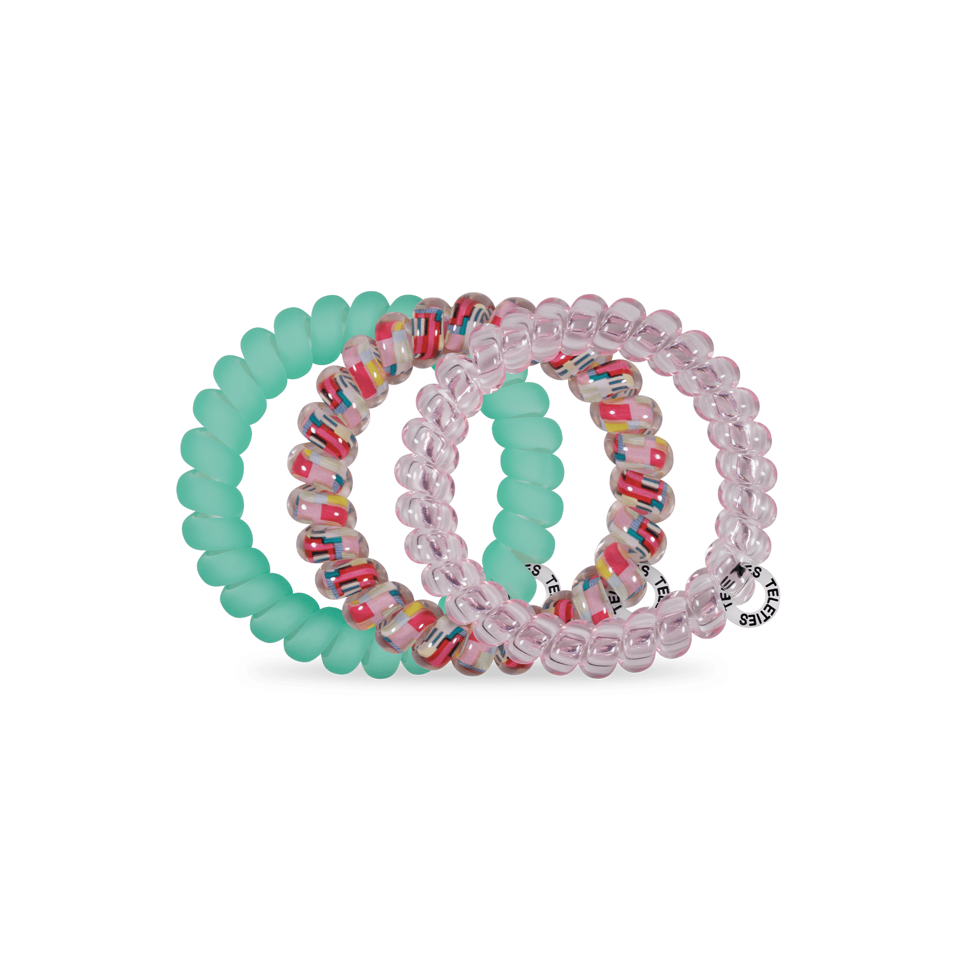 Set of mint and clear spiral hair ties with pink patterned bands