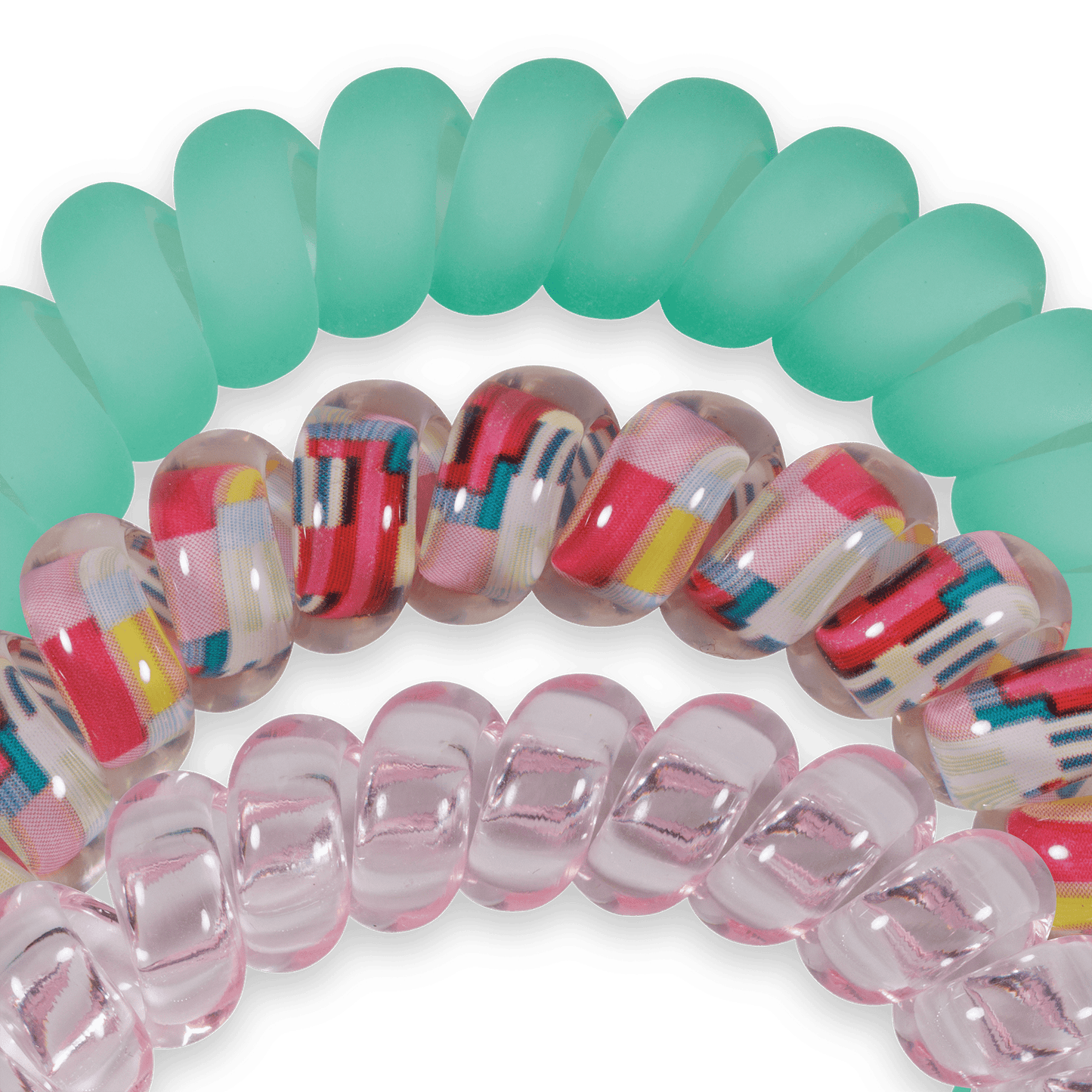 Large spiral hair ties with teal band, clear pink, and red striped pattern