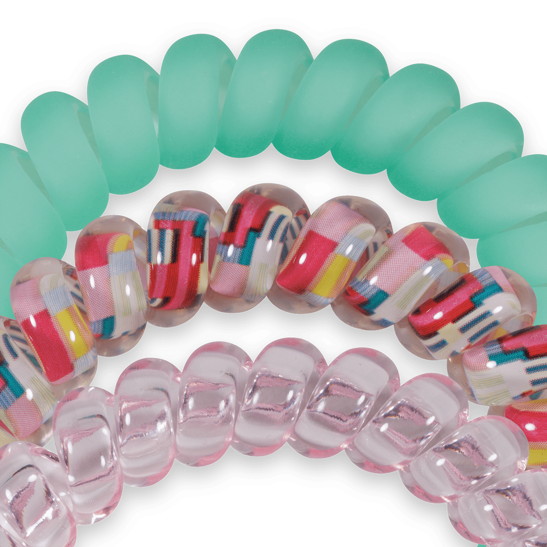 Large spiral hair ties with teal band, clear pink, and red striped pattern