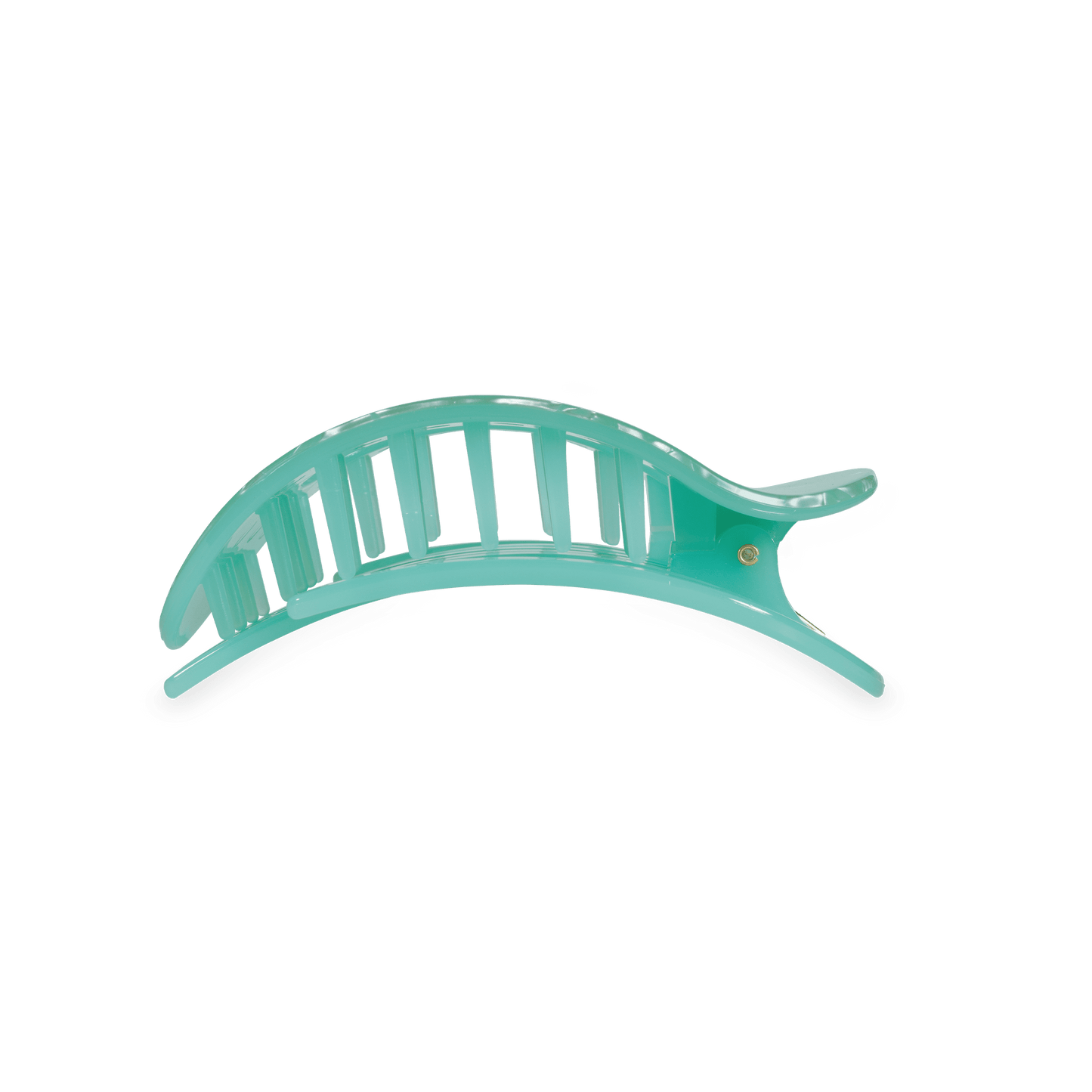 Mint translucent arched hair clip with barrette prongs on a flat round base