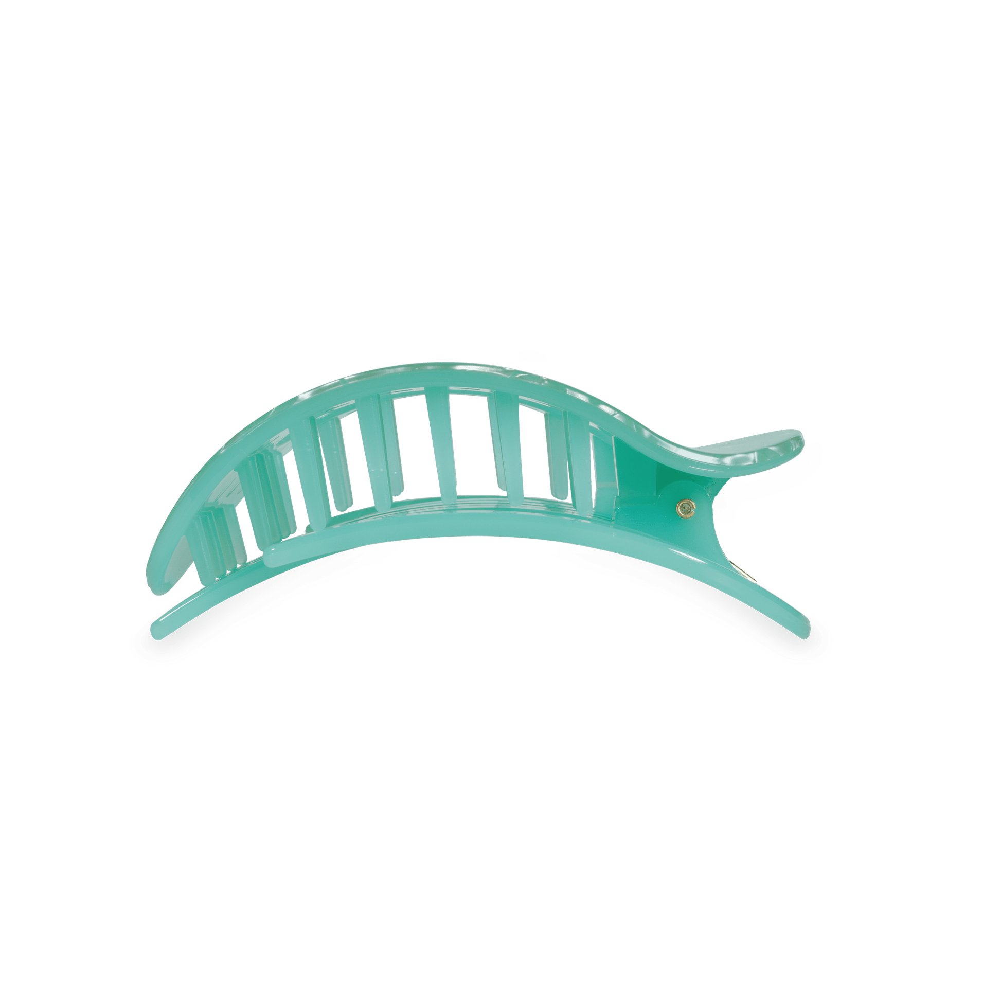 Mint translucent arched hair clip with barrette prongs on a flat round base