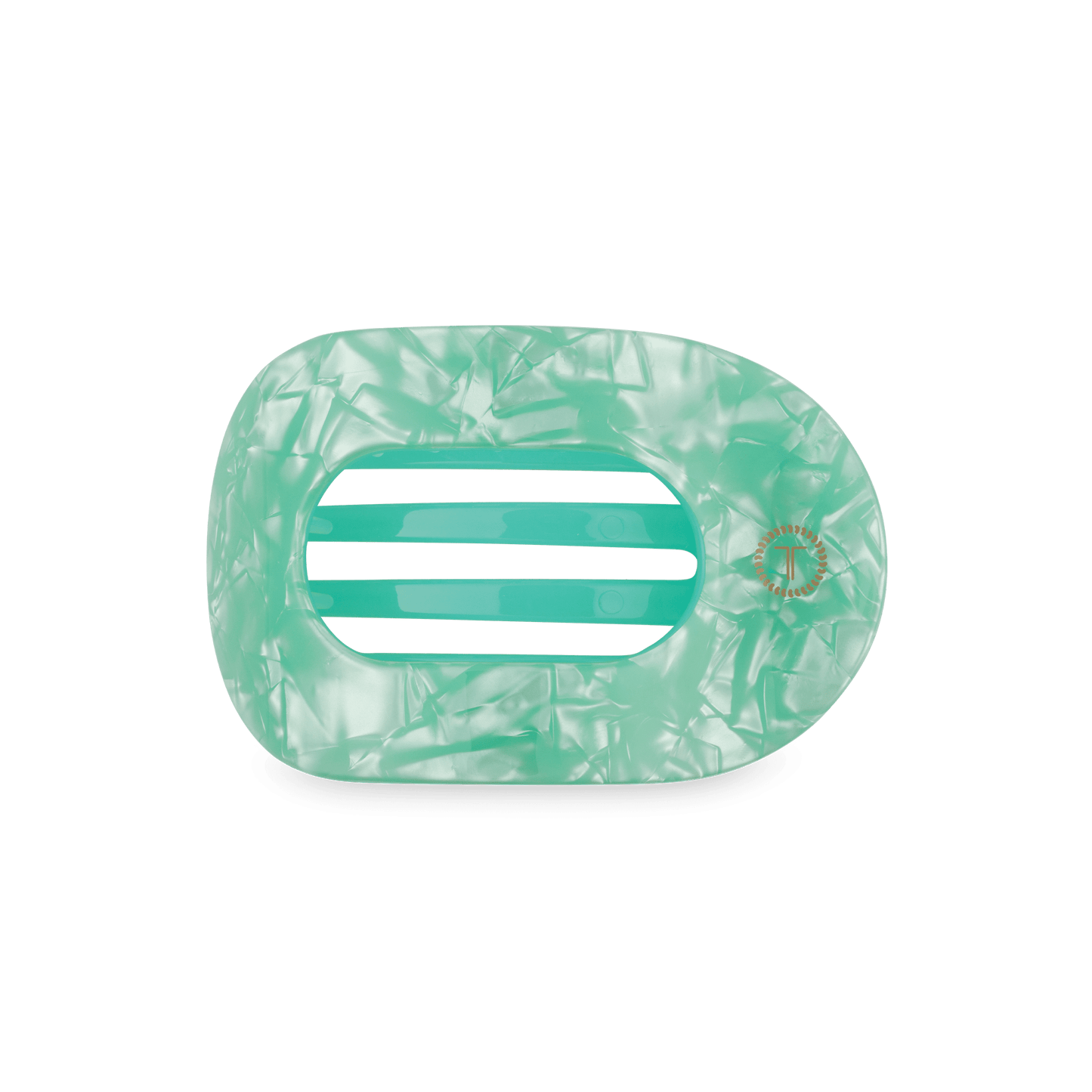 Mint translucent round flat hair clip with two-bar teeth detail and textured swirl pattern