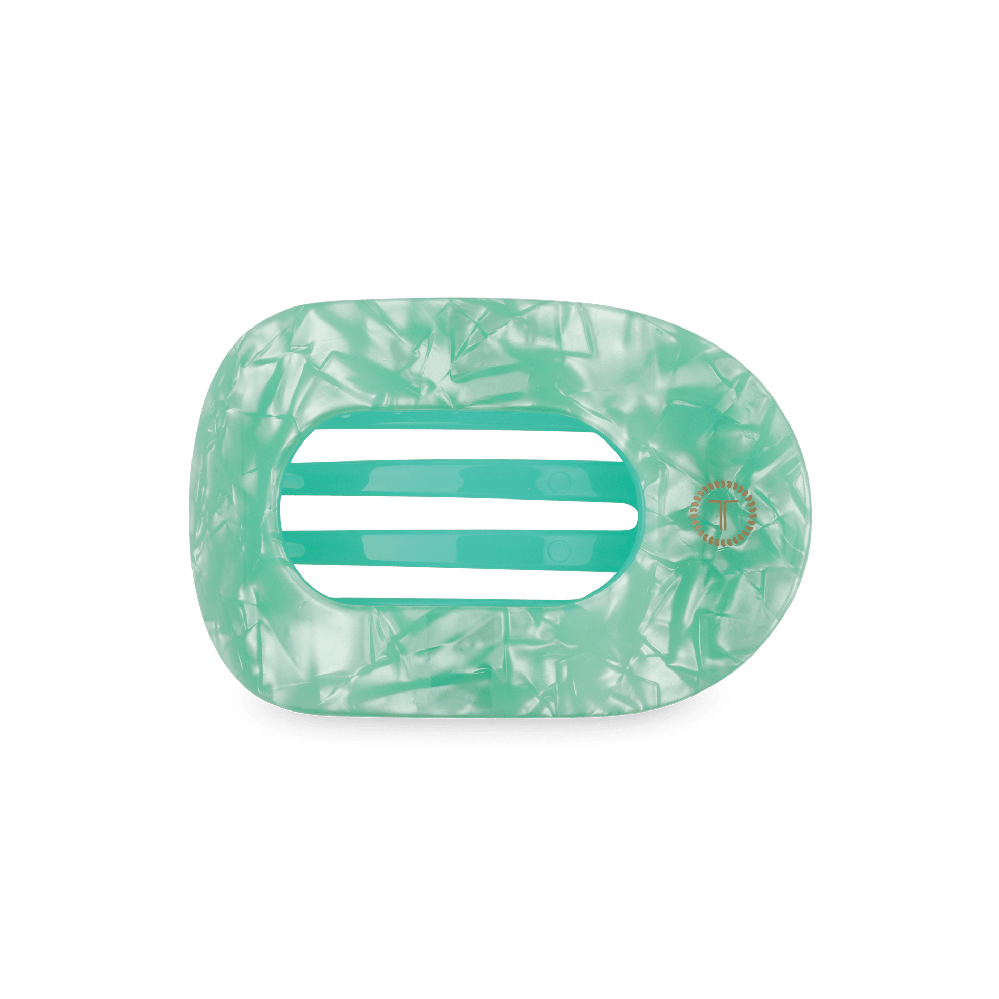 Mint translucent round flat hair clip with two-bar teeth detail and textured swirl pattern