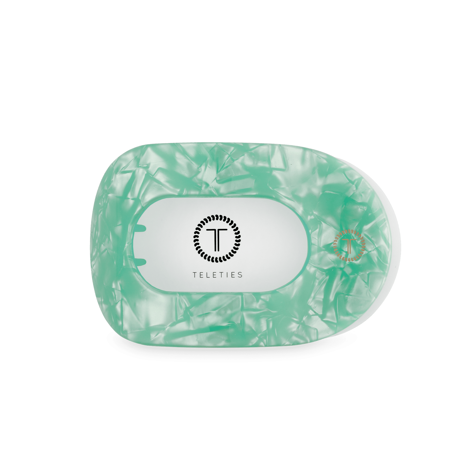 Mint translucent round flat hair clip with oval inner opening and Teleties logo badge