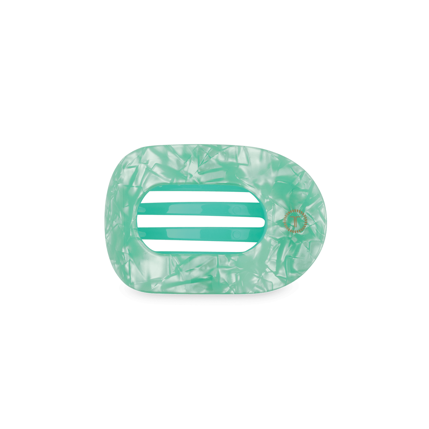 Mint green translucent round hair clip with ribbed center and gold emblem detail