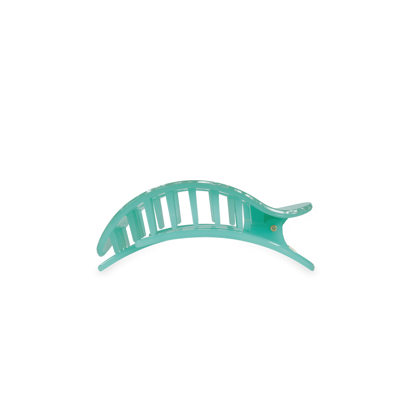 Mint green translucent round claw clip with curved shape and spring hinge