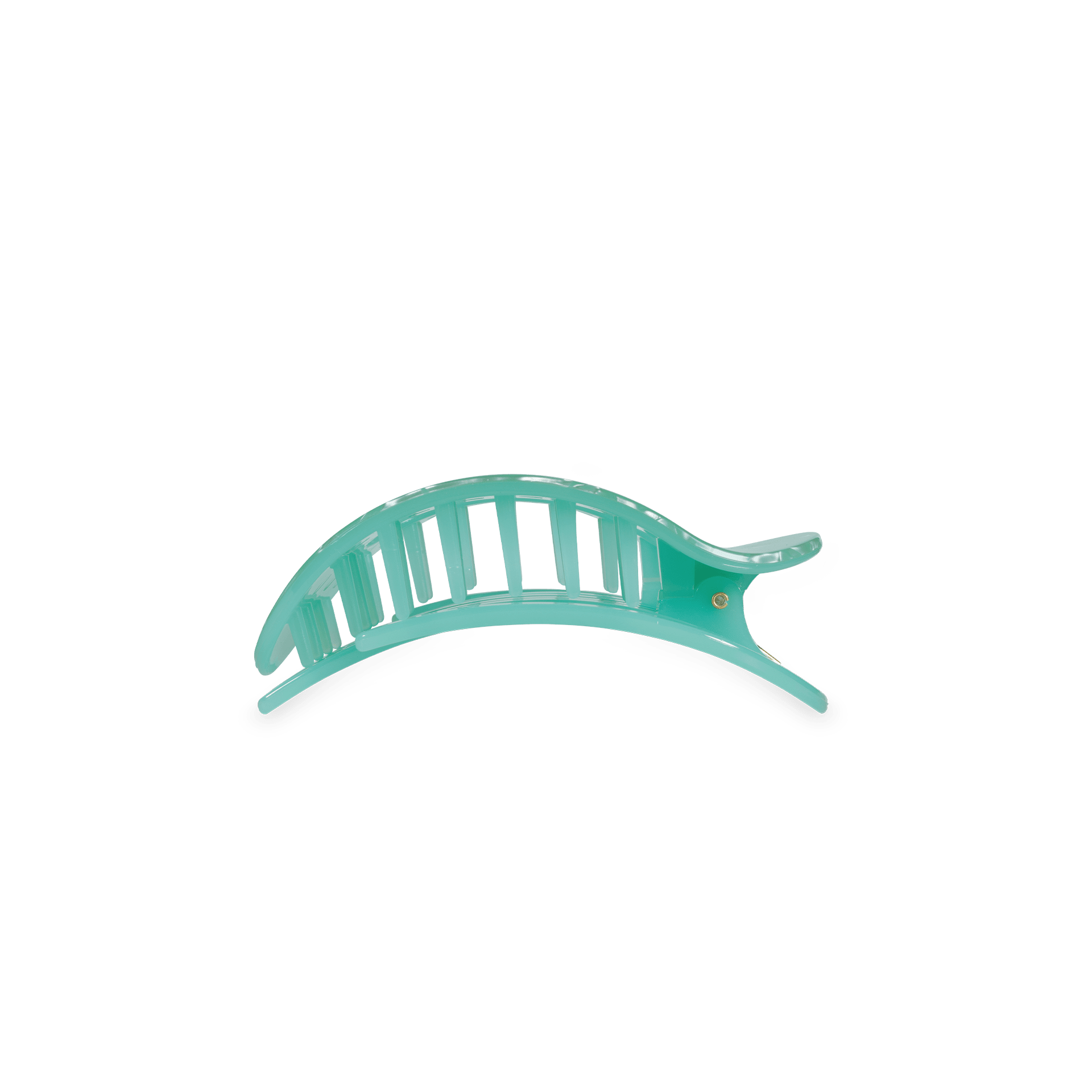 Mint green translucent round claw clip with curved shape and spring hinge