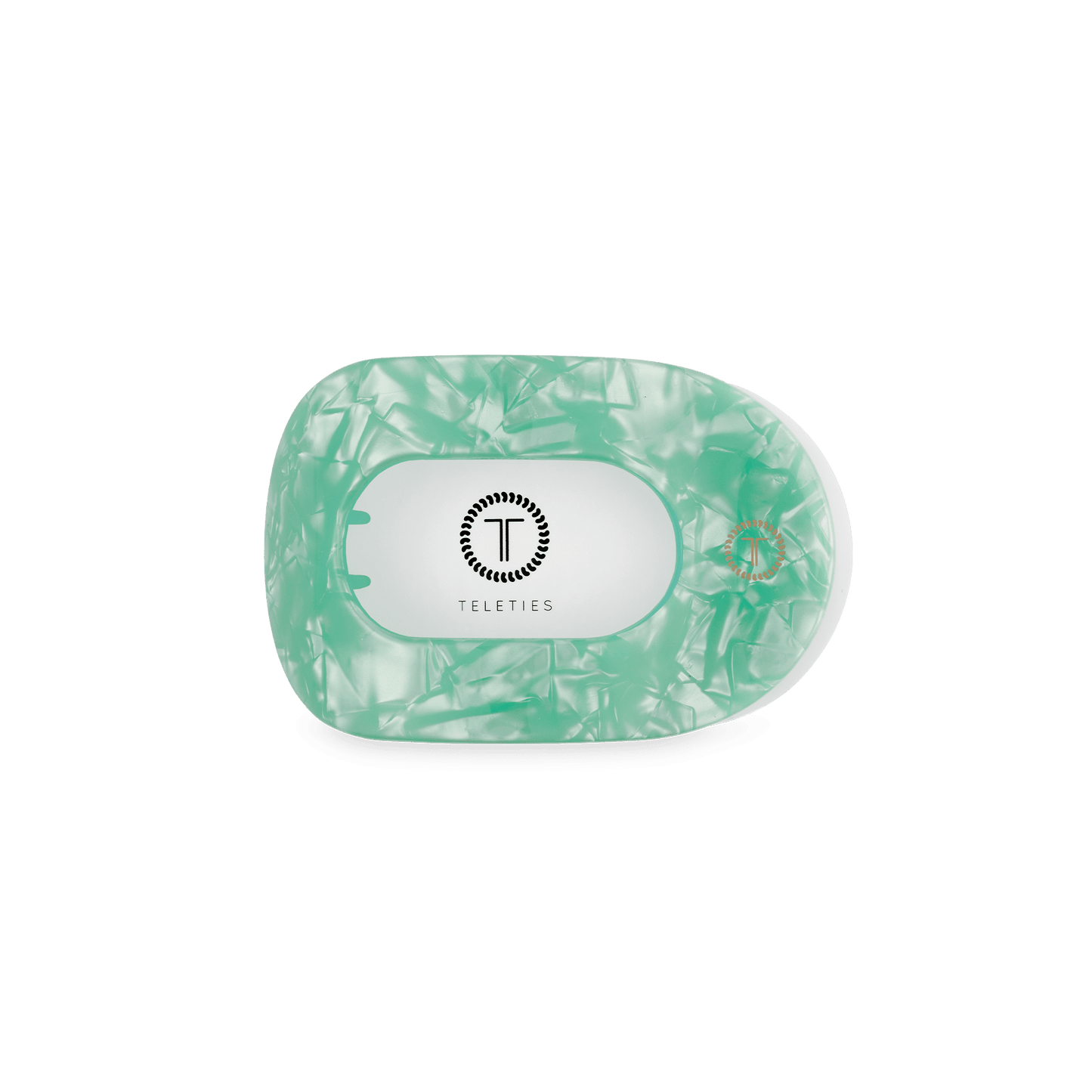 Mint green translucent round hair clip back with T logo and hinge pins